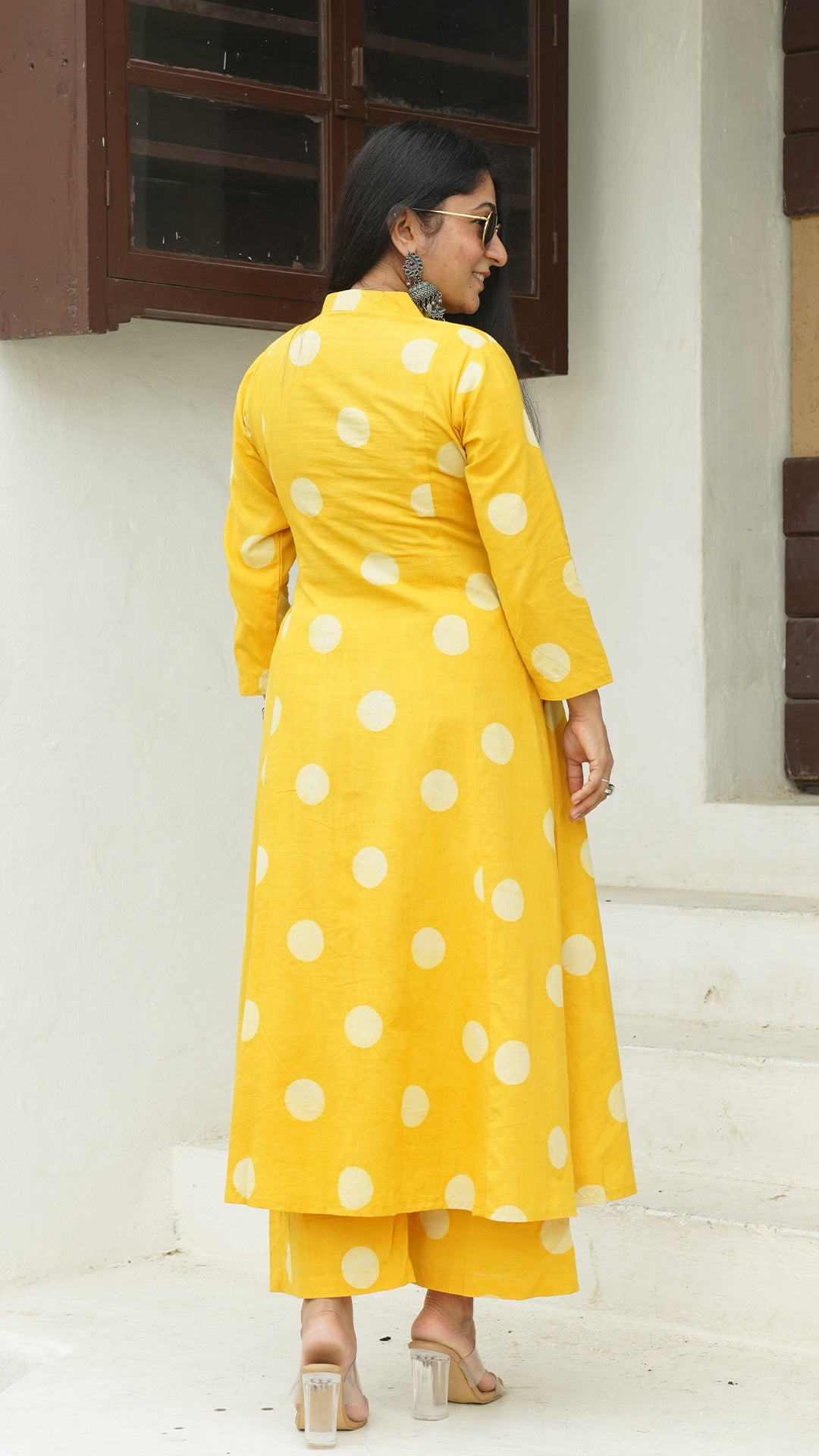 Yellow Polka Dots Kali Kurta In Cotton