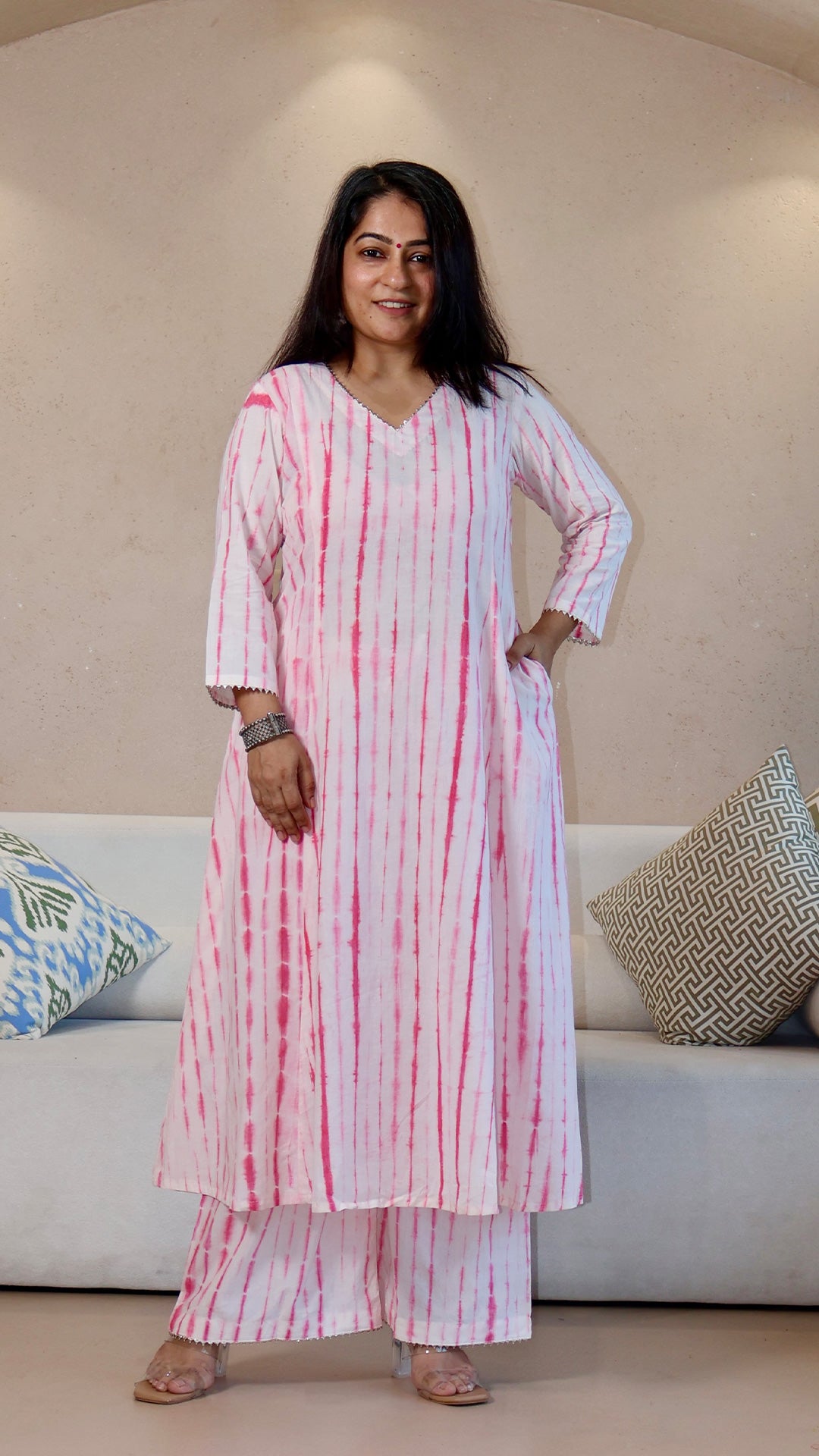Pink/White Shibori Cotton Kurta Set