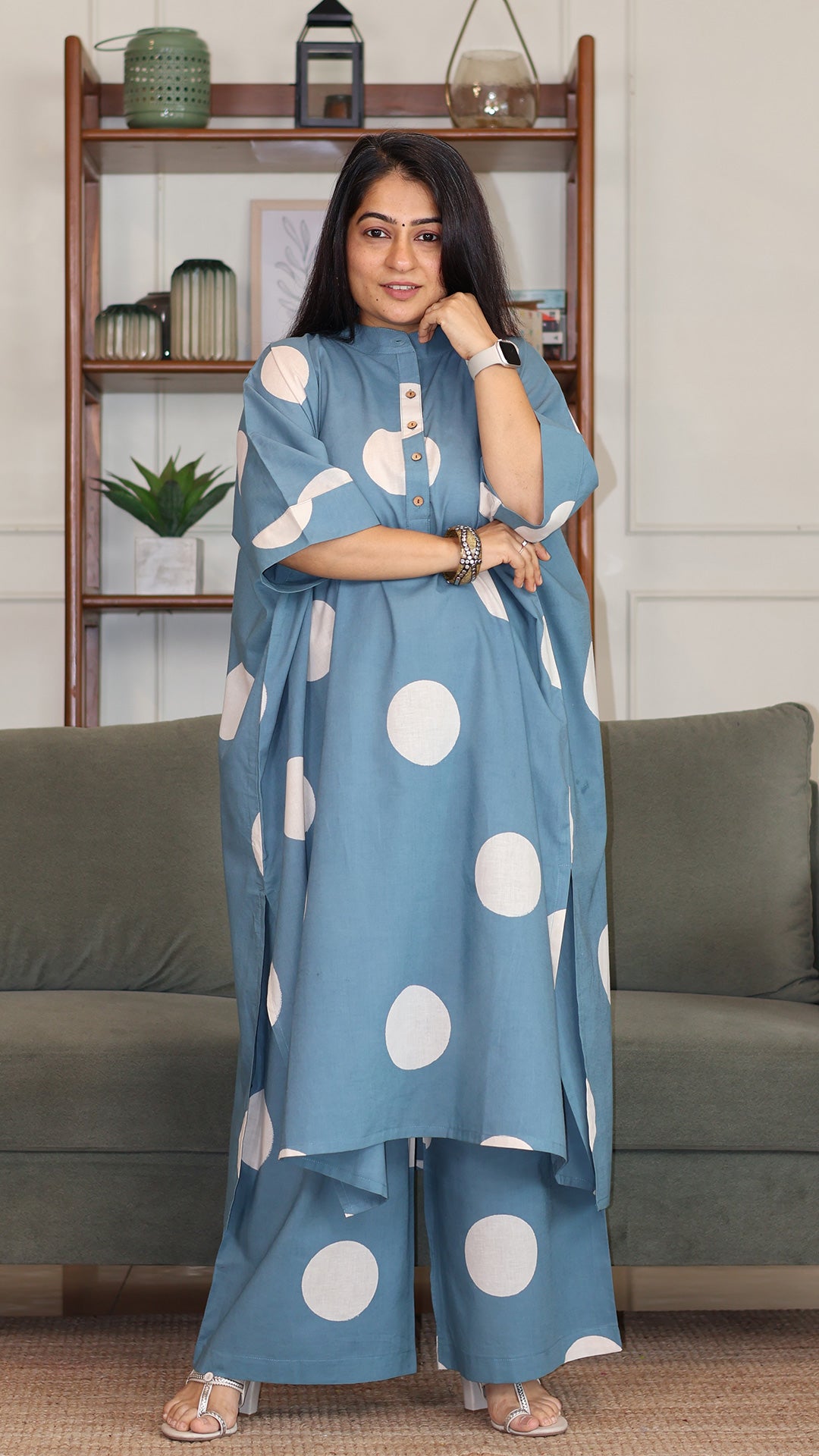 Sky Blue - White Polka Hand Block Cotton Kaftan Co-ord
