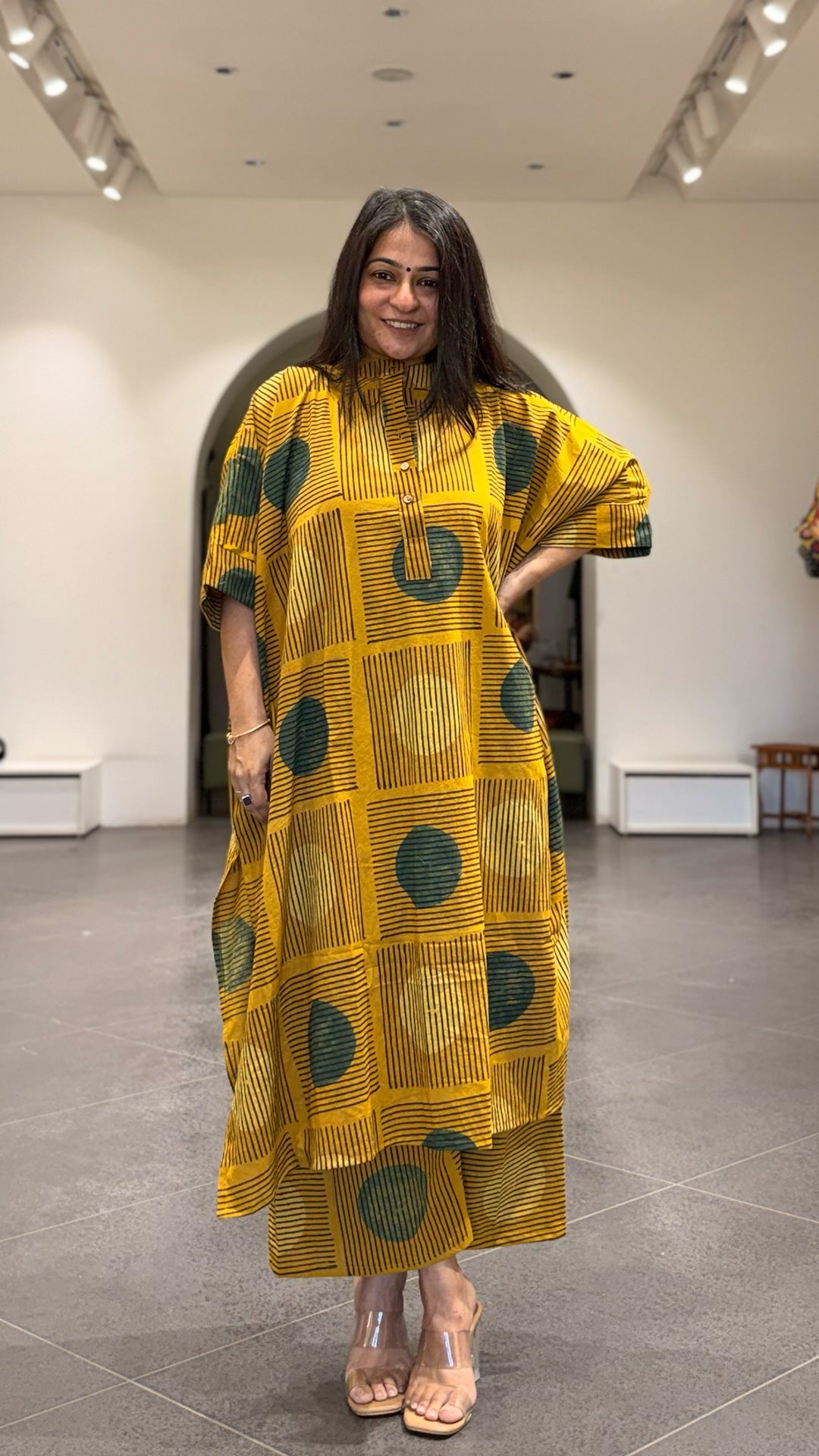 Yellow/Green Polka Dots Ajrakh Cotton Kaftan Co-ord