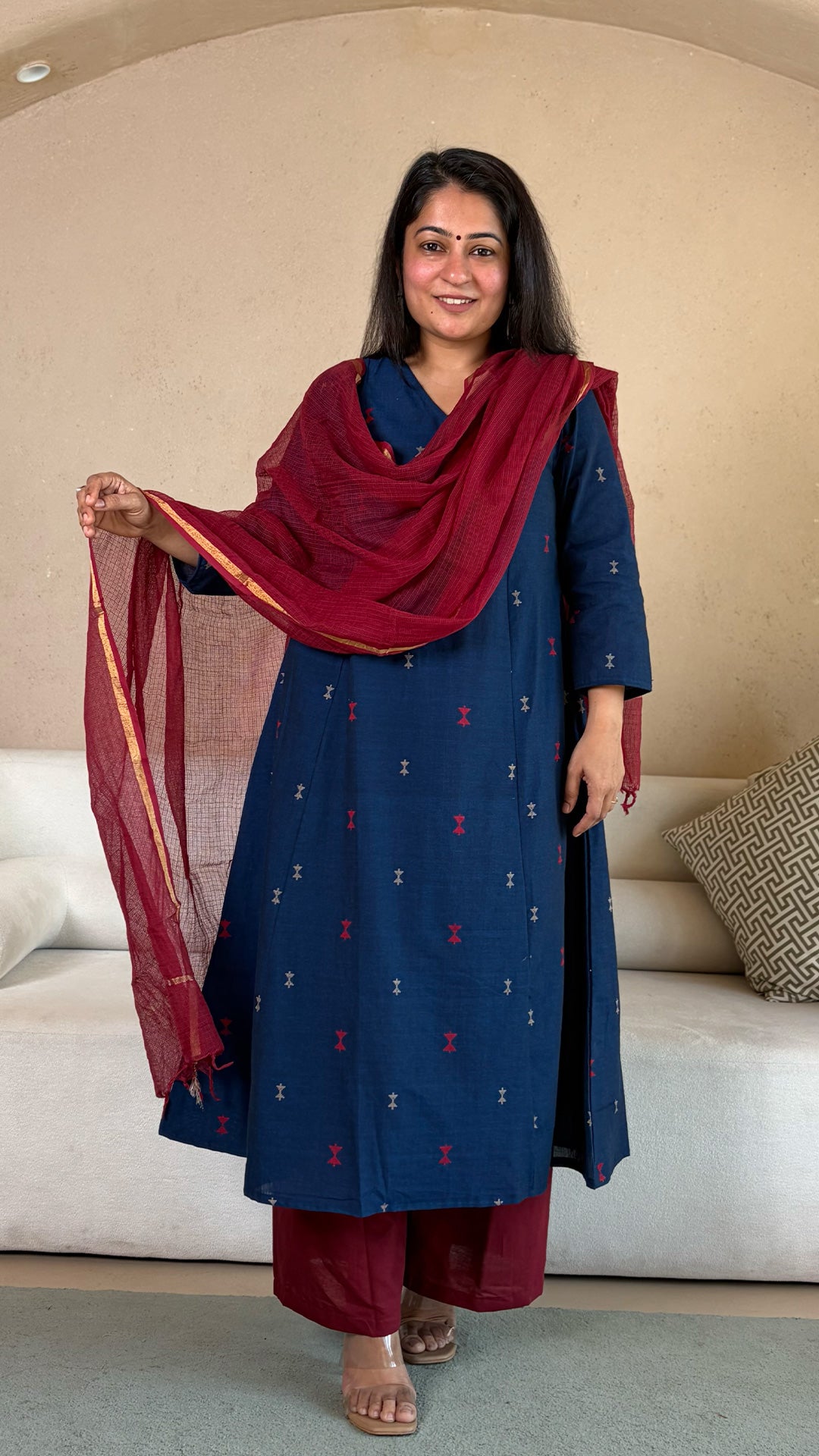 Azal Hand Woven Kali Kurta In Cotton - Navy Blue