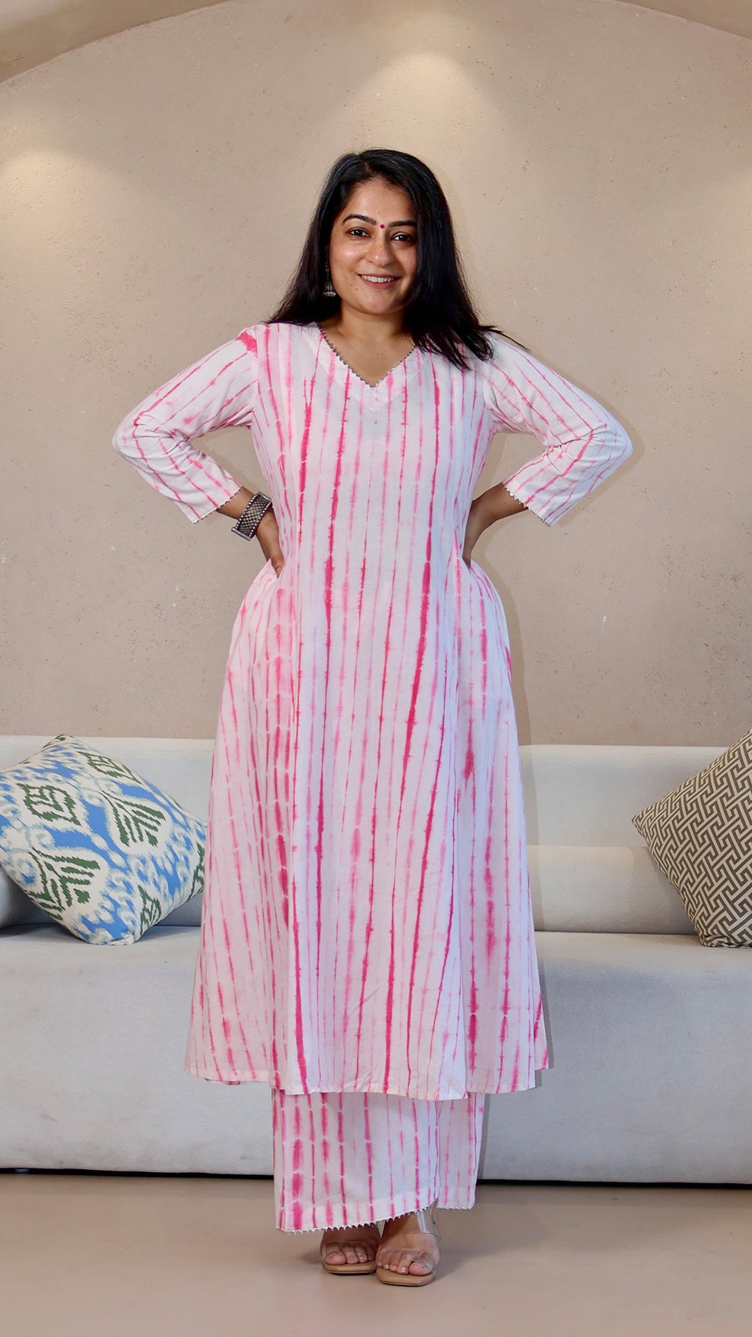 Pink/White Shibori Cotton Kurta Set