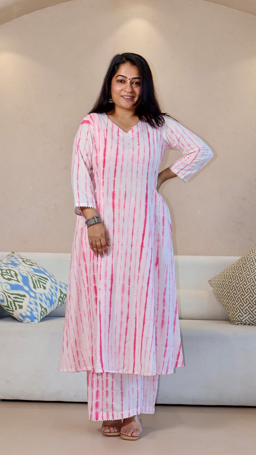 Pink/White Shibori Cotton Kurta Set
