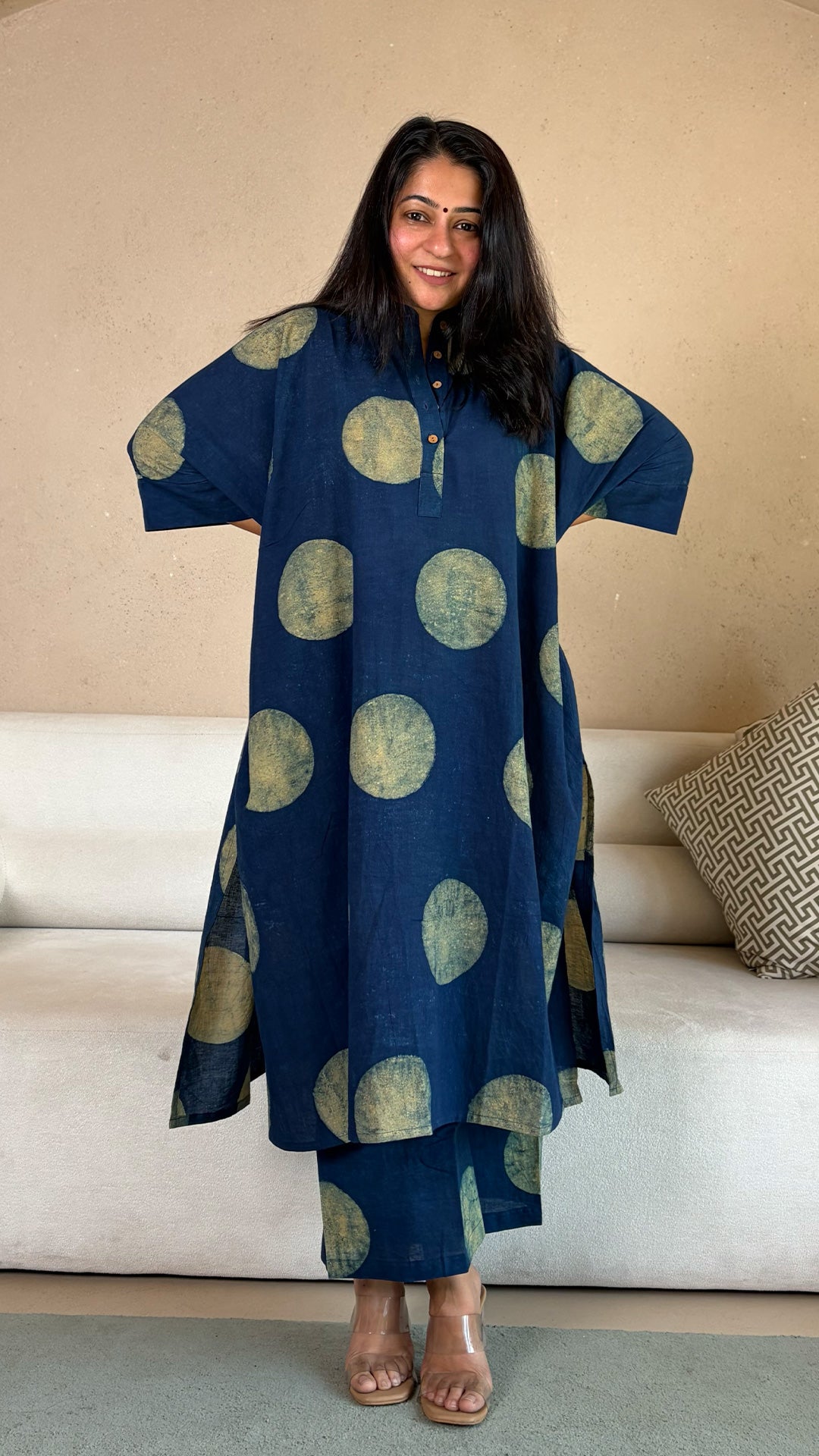 Indigo Polka Dots Ajrakh kaftan co-ord In Cotton