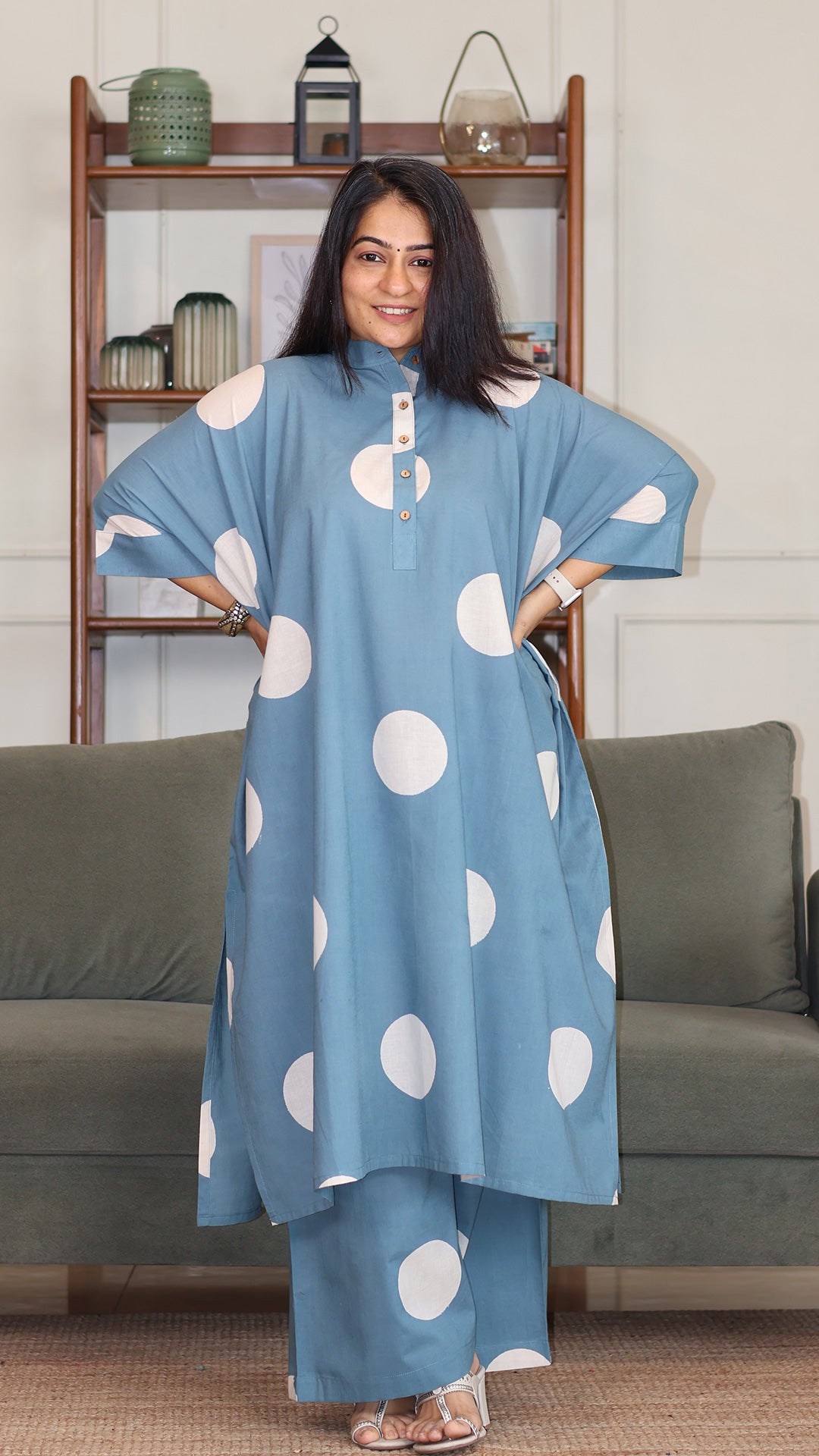 Sky Blue - White Polka Hand Block Cotton Kaftan Co-ord