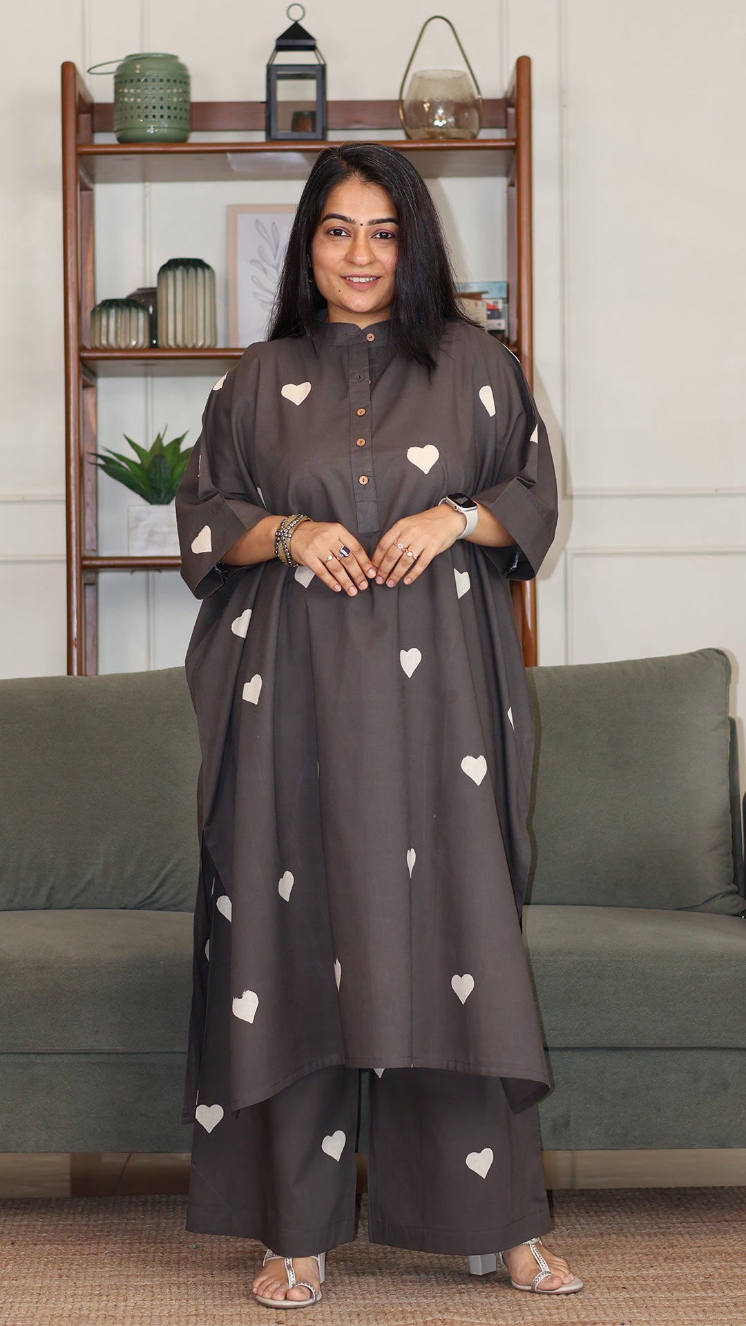 Himani Hand Block Cotton Kaftan Co-ord - Grey
