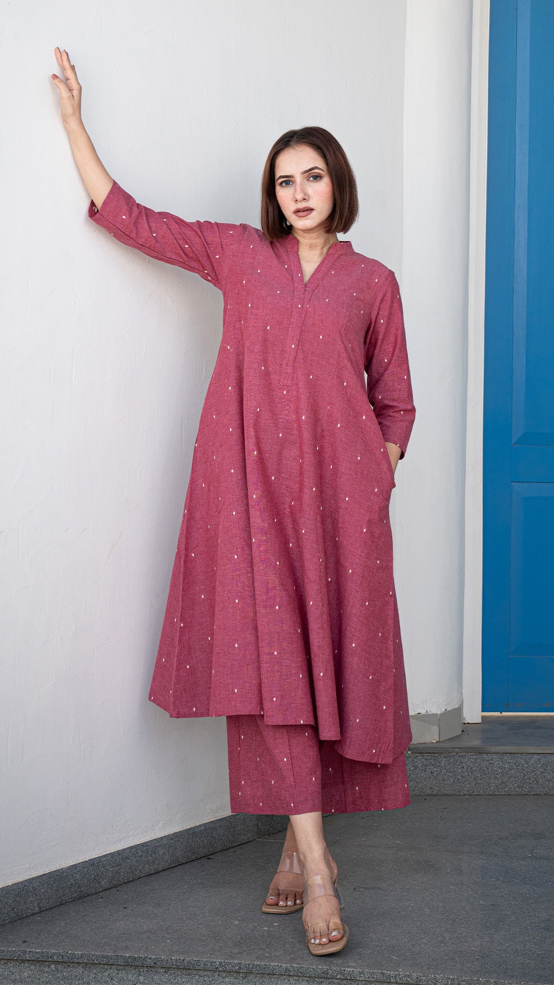 Aarvi Hand Woven Kali Cotton Kurta - Pink