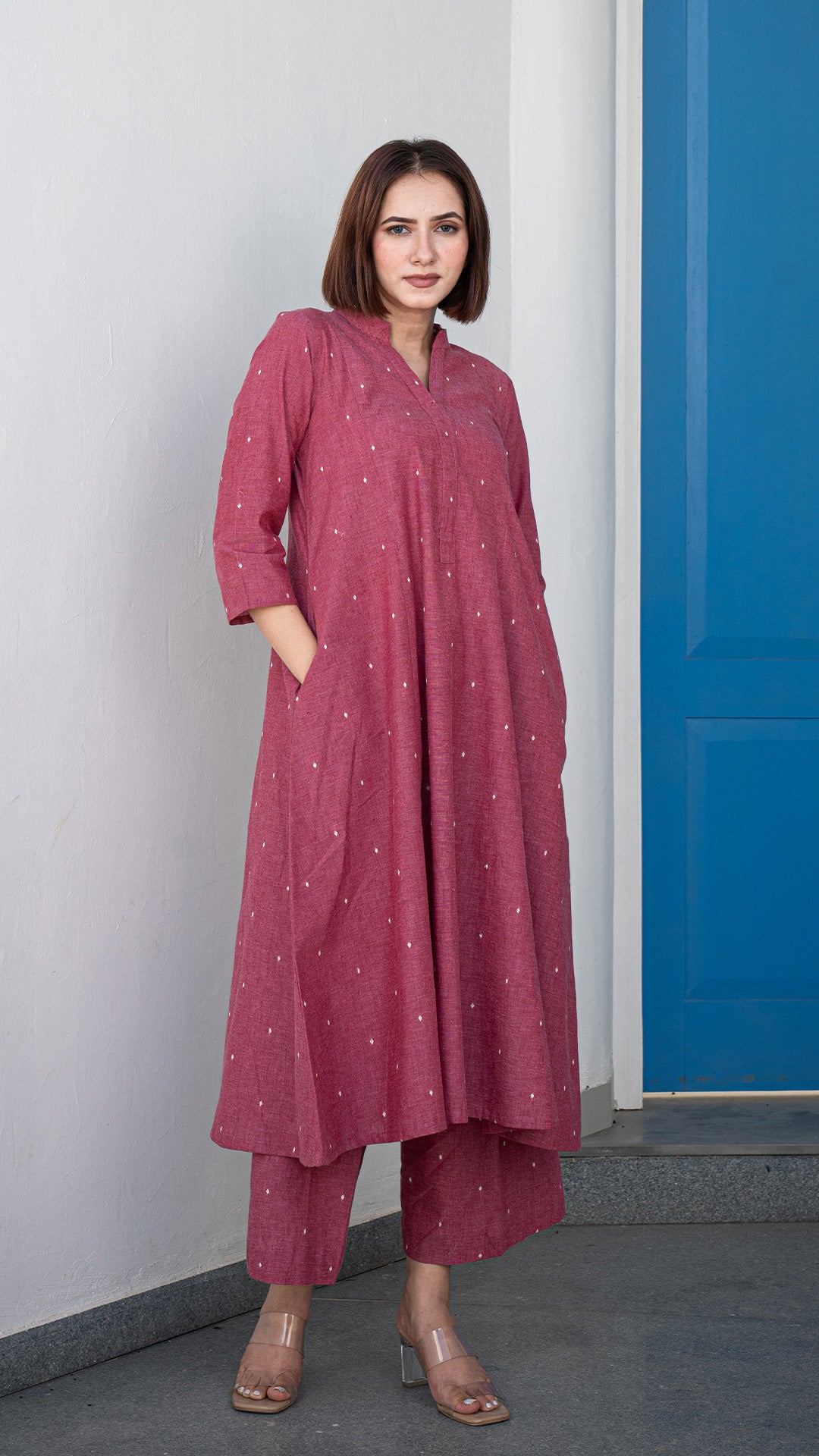 Aarvi Hand Woven Kali Cotton Kurta - Pink