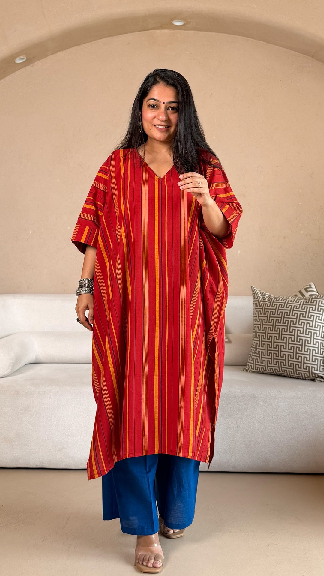 Rucha Stripes Kaftan Co-ord In Handwoven Cotton - Red