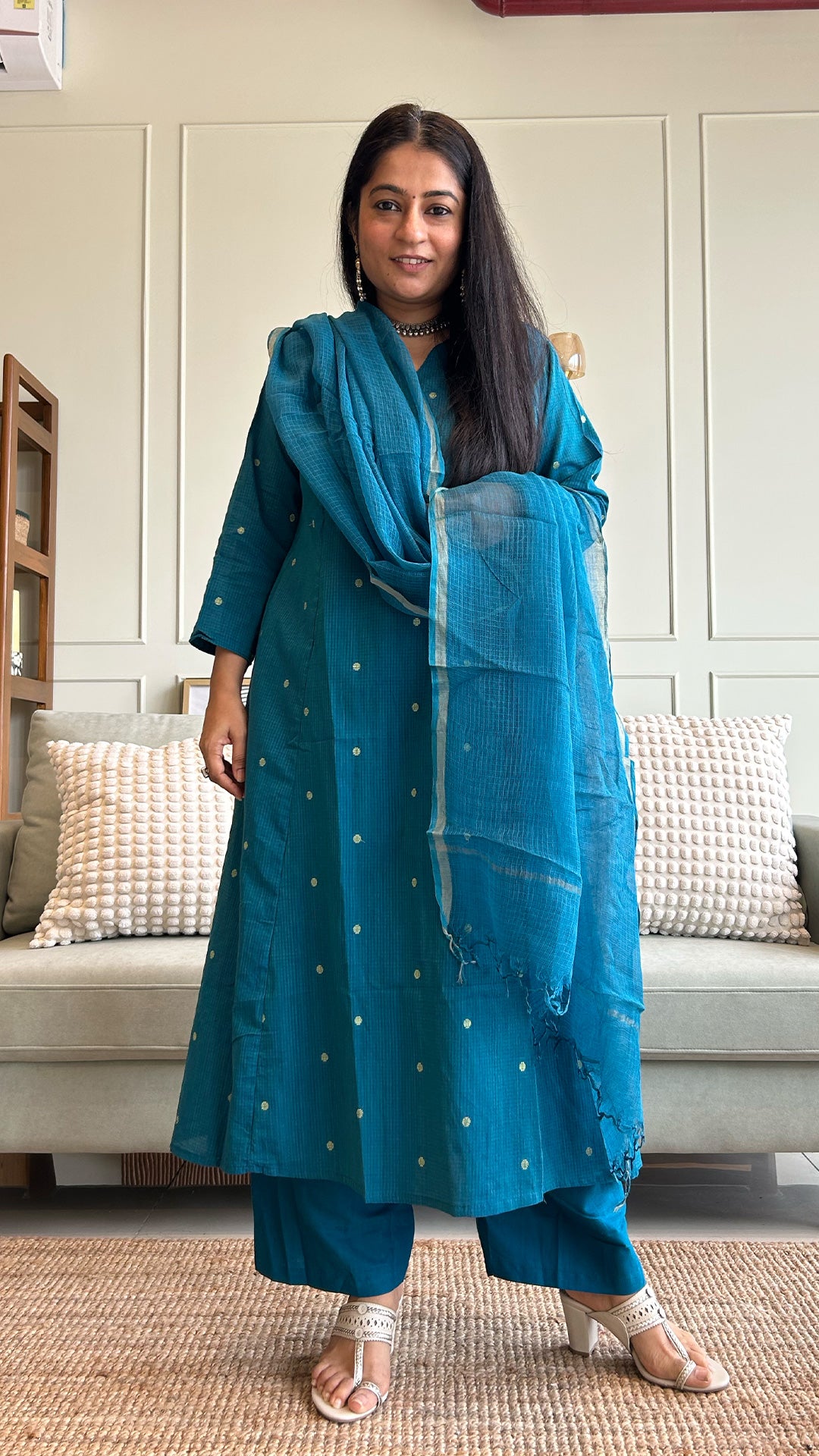 Keya Hand Woven Golden Zari Motif Kali Cotton Kurta - Blue