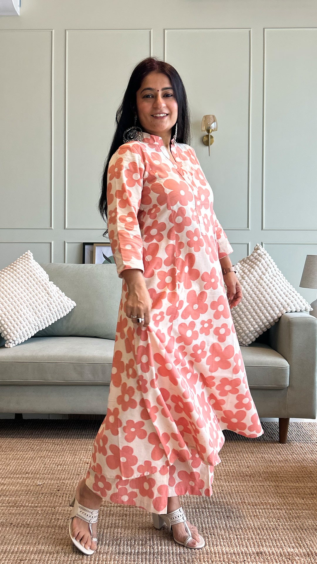 Kriva - Pink Floral Kali Kurta In Cotton
