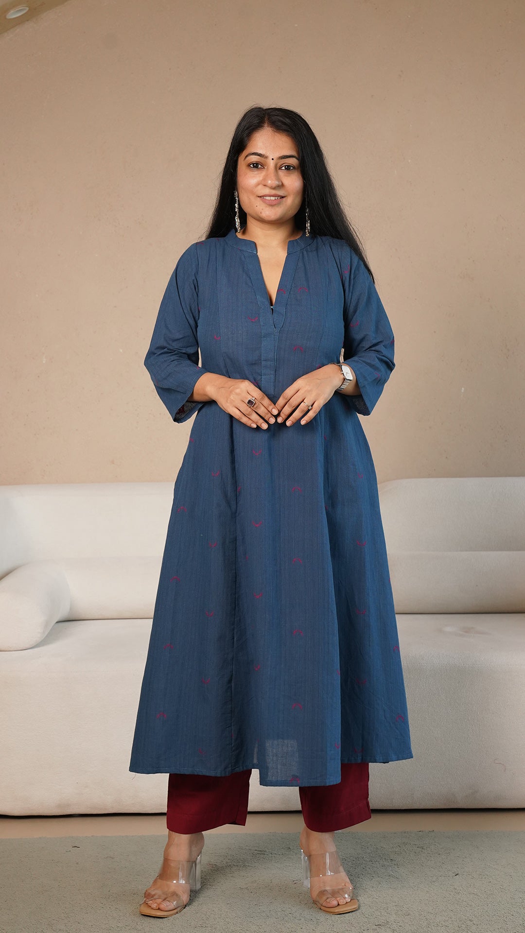 Mirah Chand Motif Hand Woven Kali Cotton Kurta - Blue