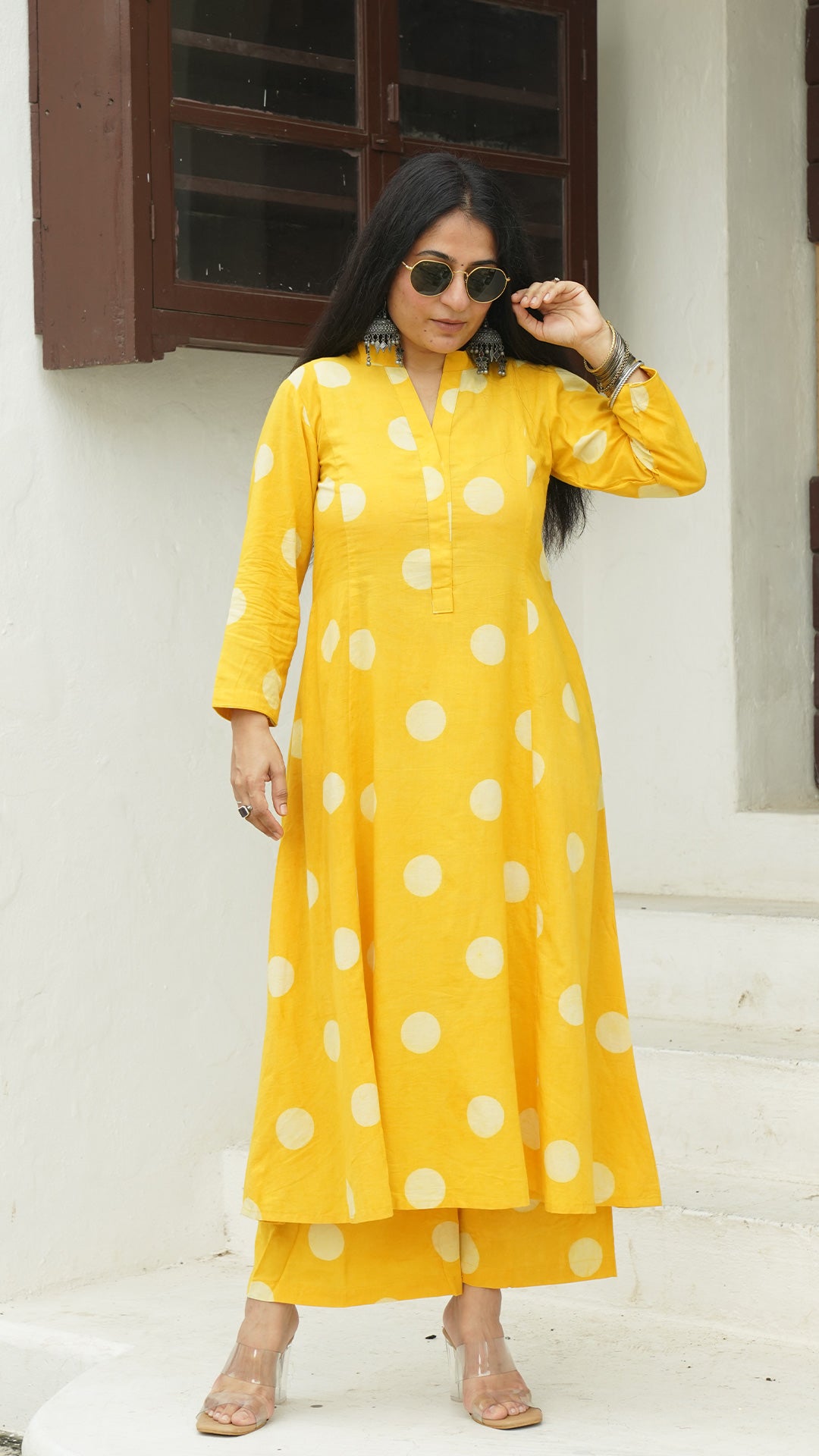 Yellow Polka Dots Kali Kurta In Cotton