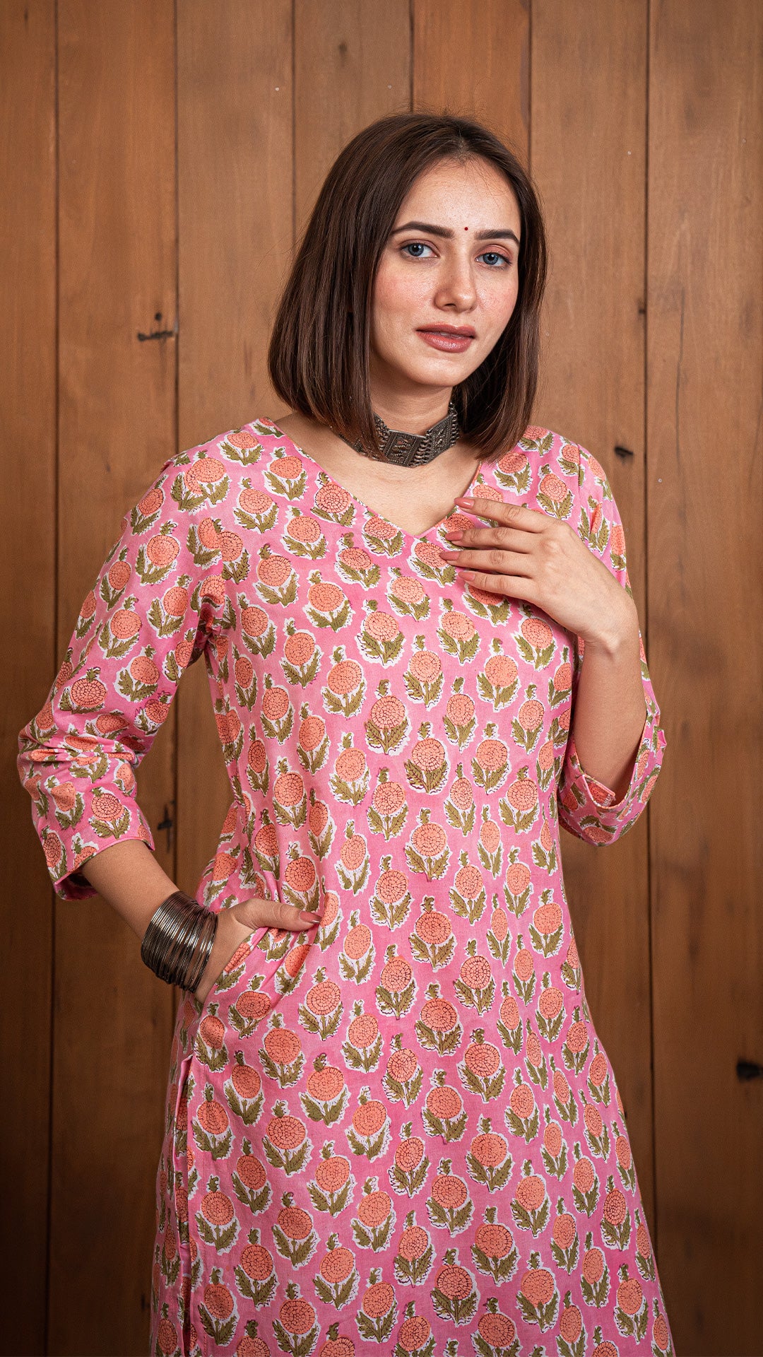 Pink-Orange Flowers Sanganeri Hand Block Cotton Kurta