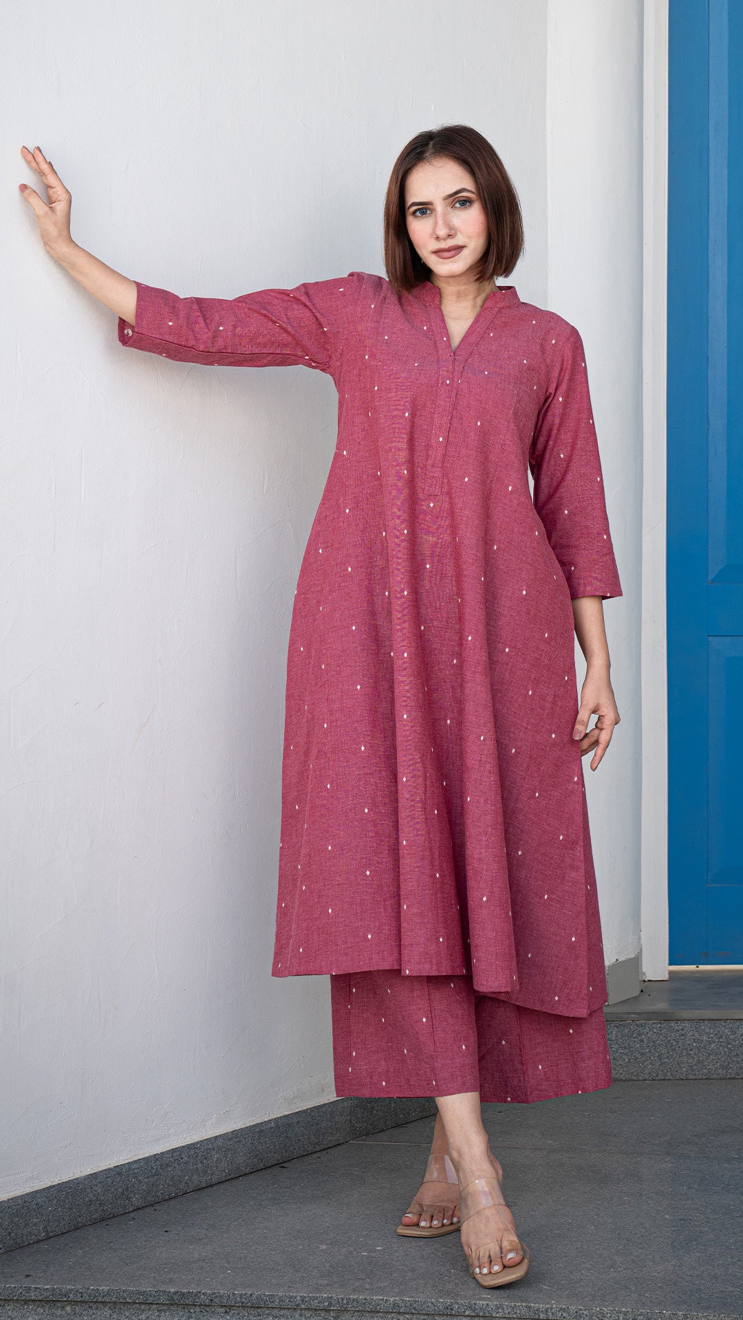 Aarvi Hand Woven Kali Cotton Kurta - Pink