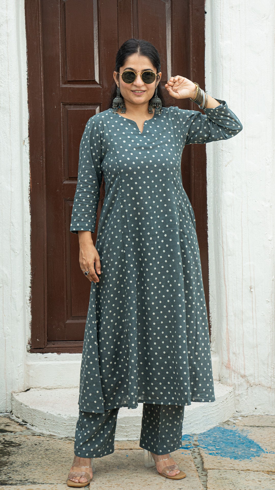 Grey and White Polka Dots Kali Cotton Kurta In Cotton
