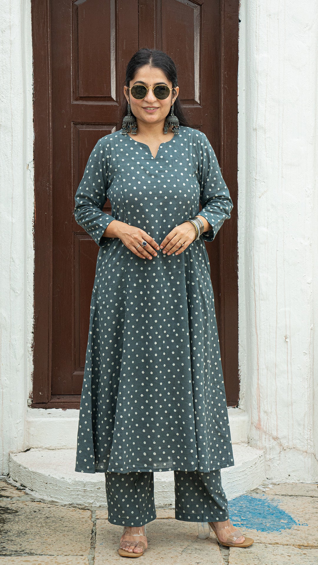 Grey and White Polka Dots Kali Cotton Kurta In Cotton