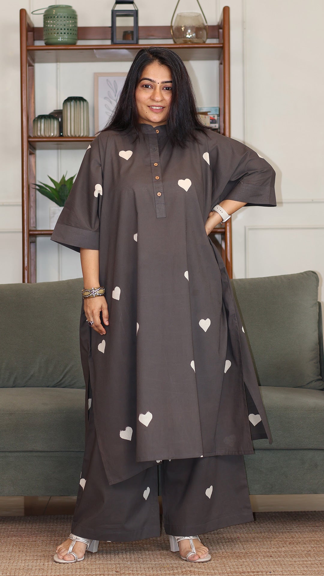 Himani Hand Block Cotton Kaftan Co-ord - Grey