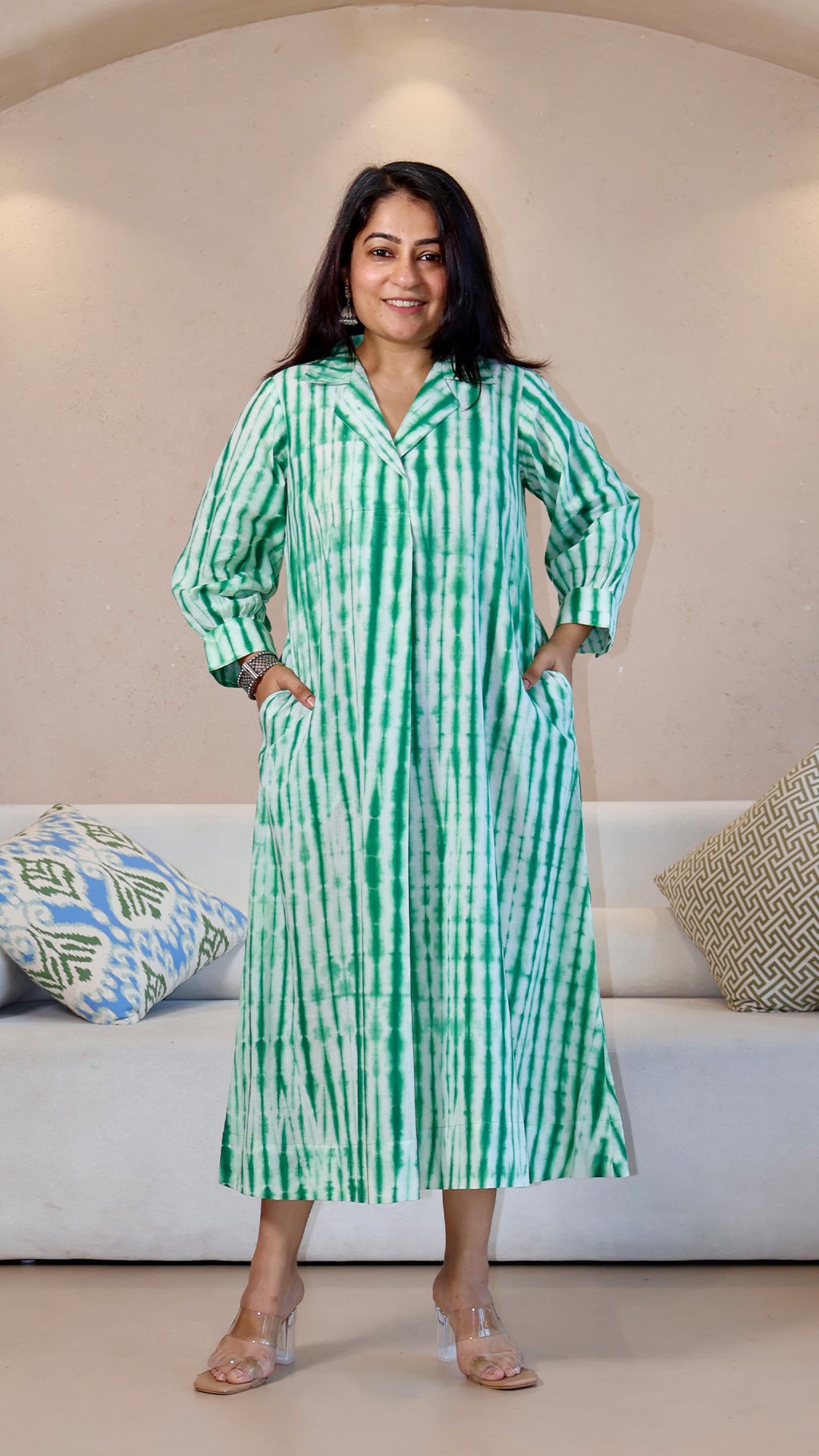 Green/White Shibori Cotton Dress