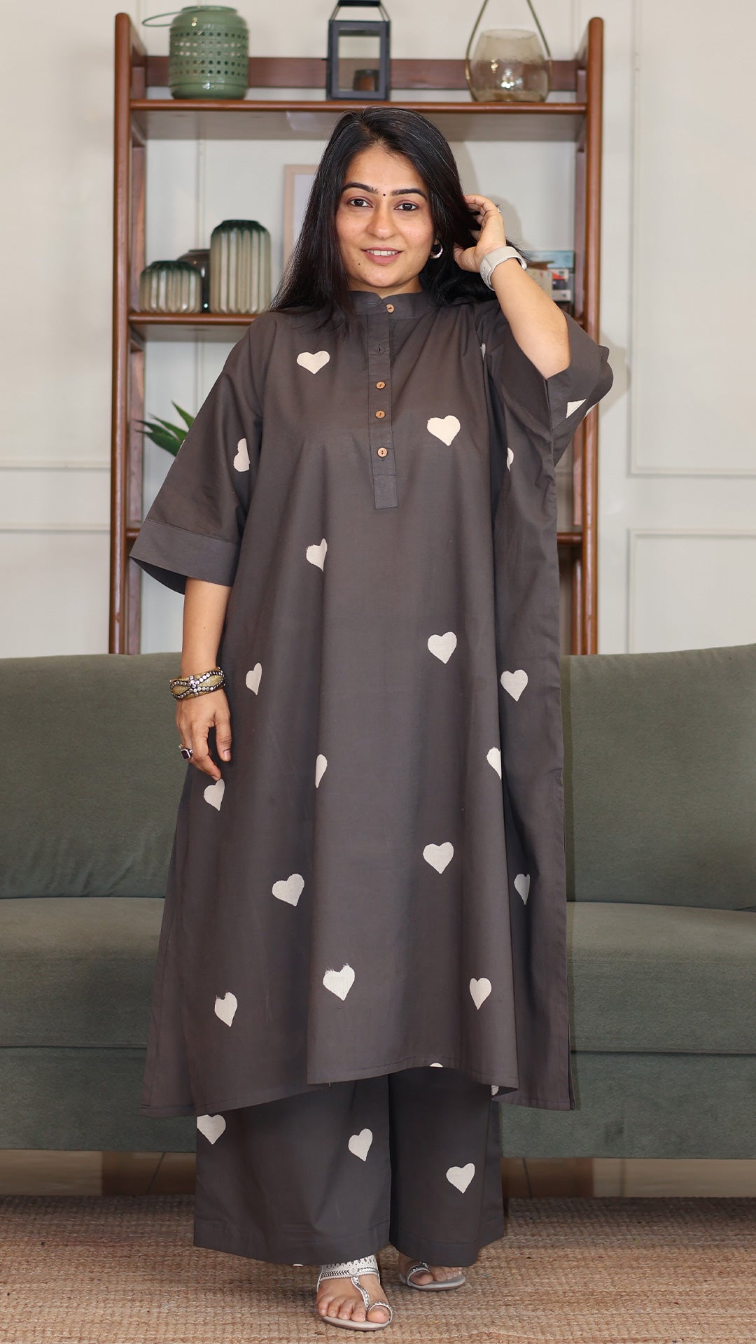 Himani Hand Block Cotton Kaftan Co-ord - Grey
