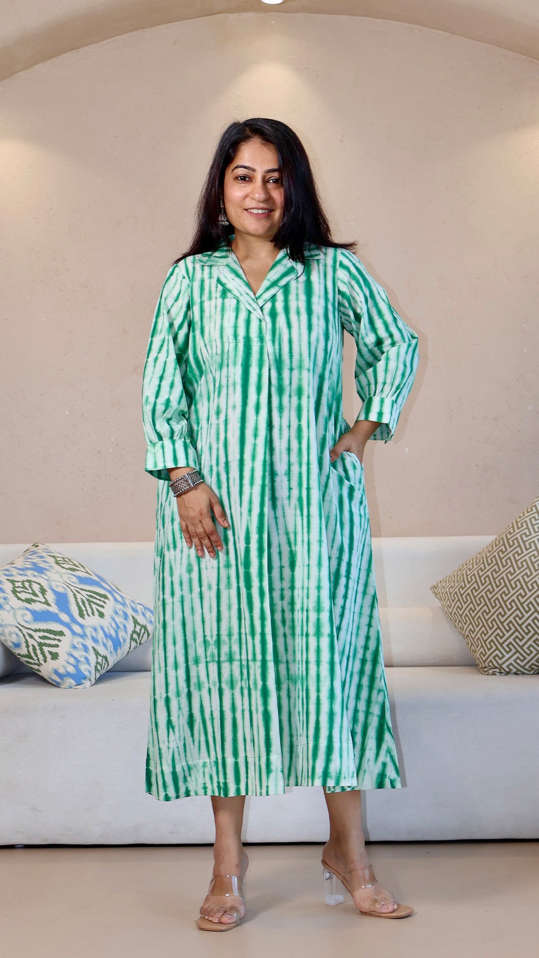 Green/White Shibori Cotton Dress