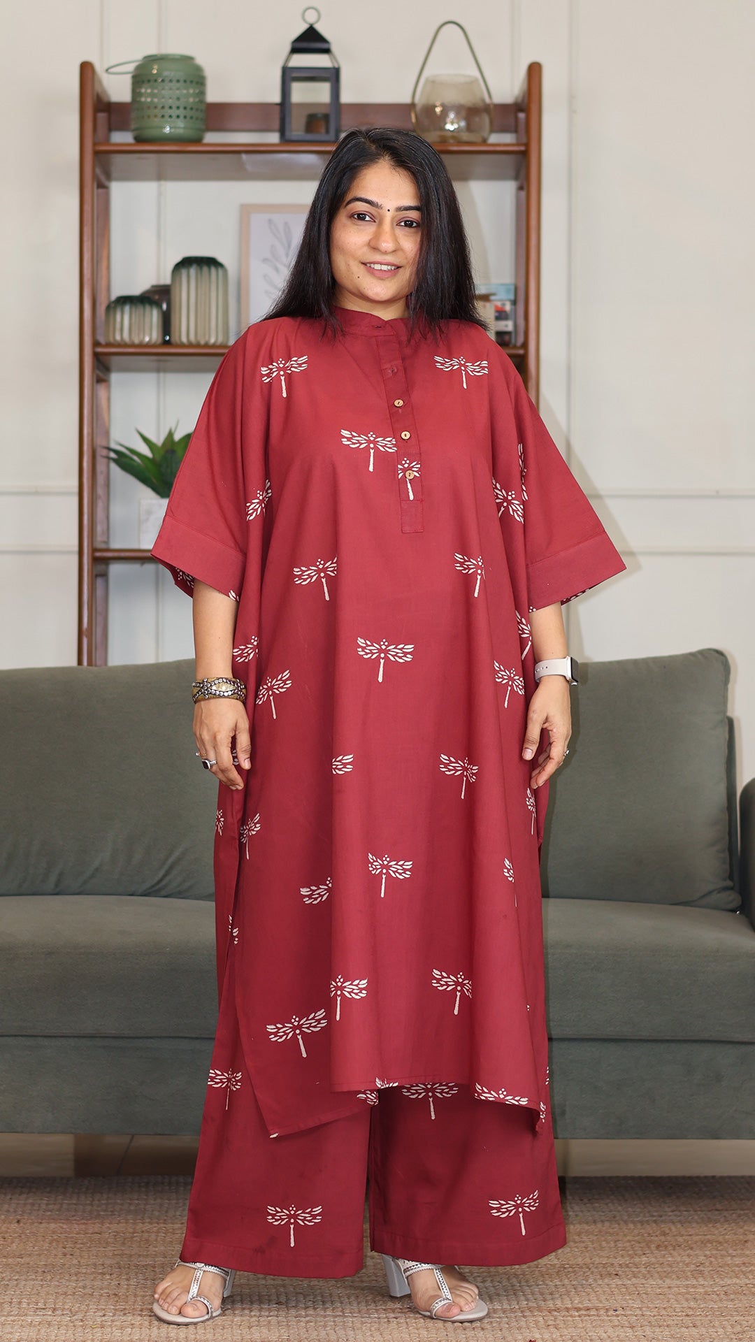 Rehana Hand Block Cotton Kaftan Co-ord - Brick Red