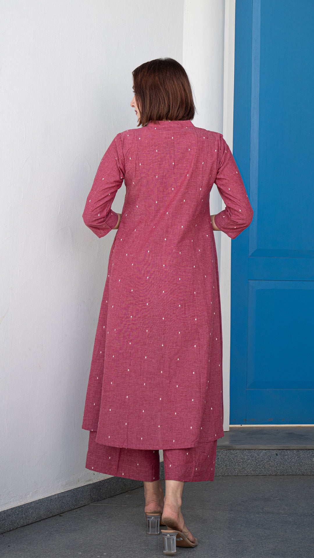 Aarvi Hand Woven Kali Cotton Kurta - Pink