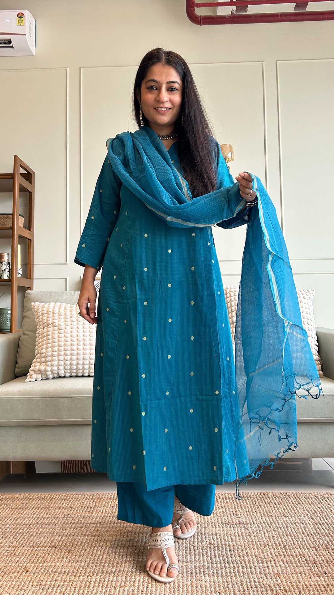 Keya Hand Woven Golden Zari Motif Kali Cotton Kurta - Blue