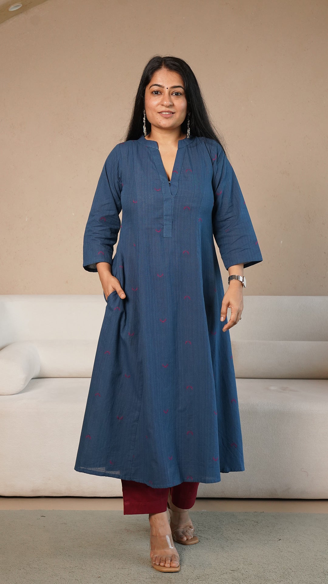 Mirah Chand Motif Hand Woven Kali Cotton Kurta - Blue