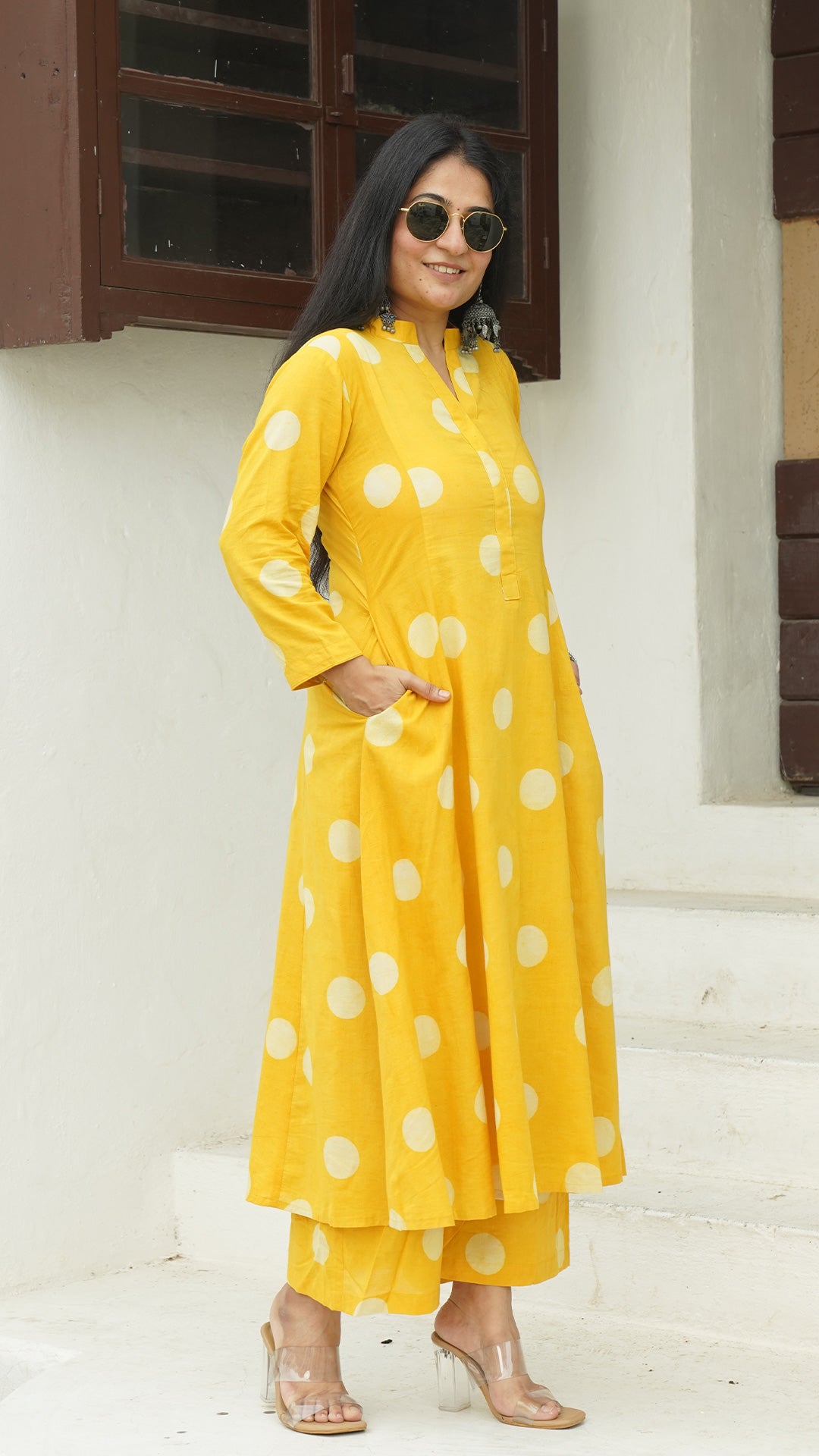 Yellow Polka Dots Kali Kurta In Cotton