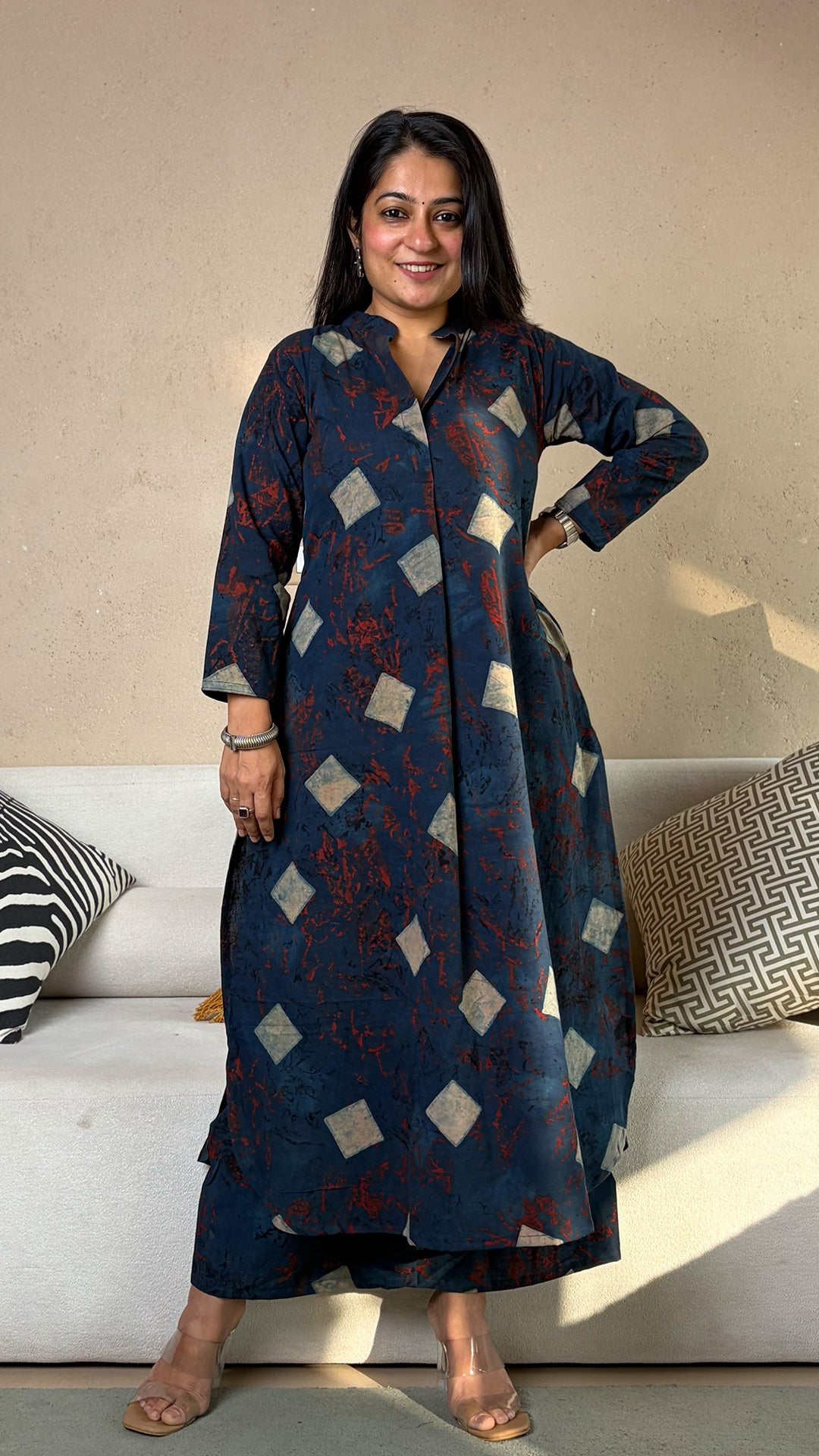 Nida Ajrakh Kali Kurta In Cotton - Indigo