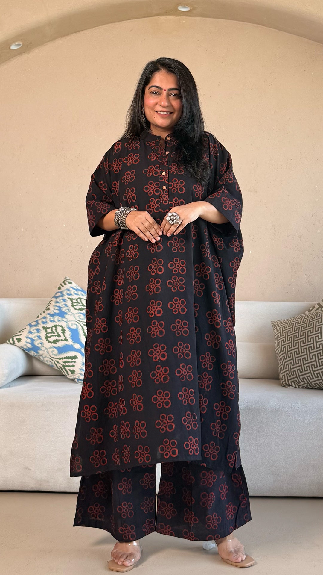 Kareena Ajrakh Cotton Kaftan Co-ord - Black/Maroon