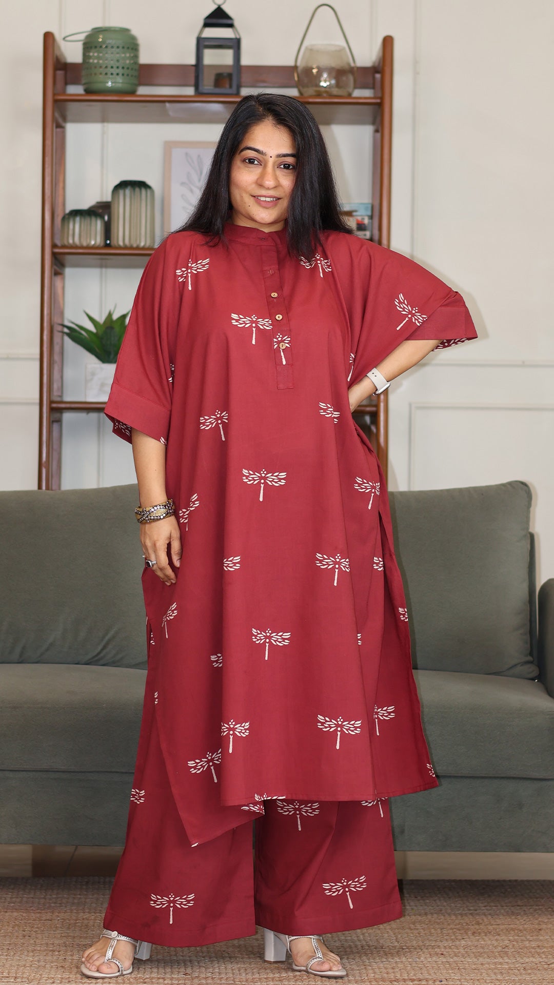 Rehana Hand Block Cotton Kaftan Co-ord - Brick Red