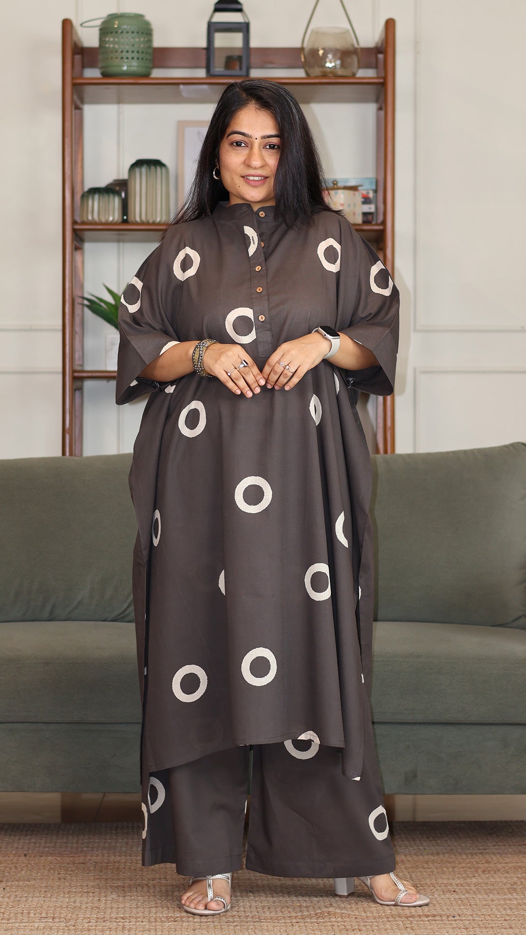 Grey - White Circles Hand Block Cotton Kaftan Co-ord
