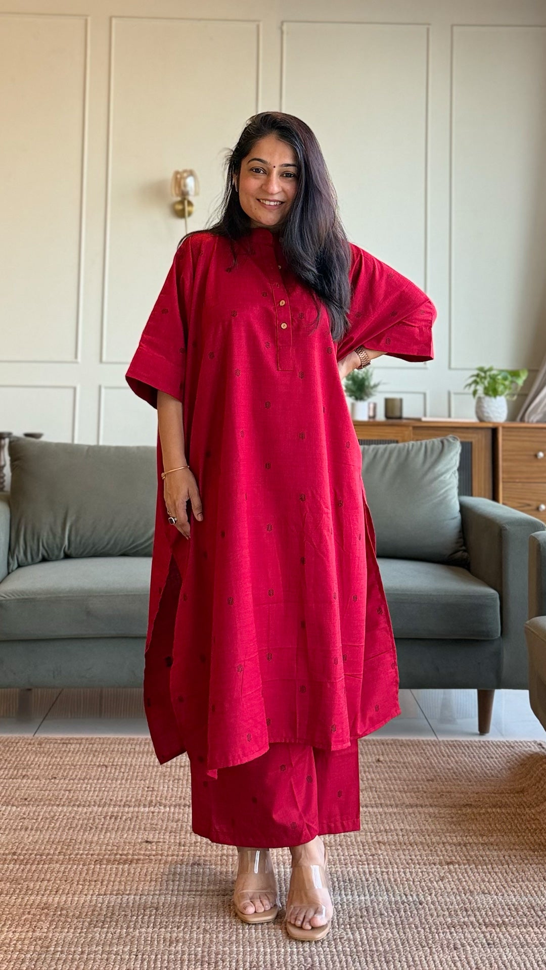 Ruby Handwoven Cotton Kaftan Co-ord - Red