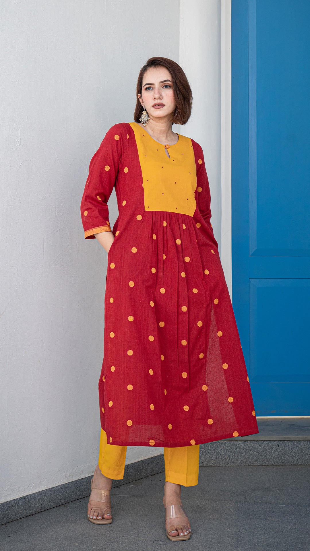Natasha Hand Woven Cotton Kurta - Red