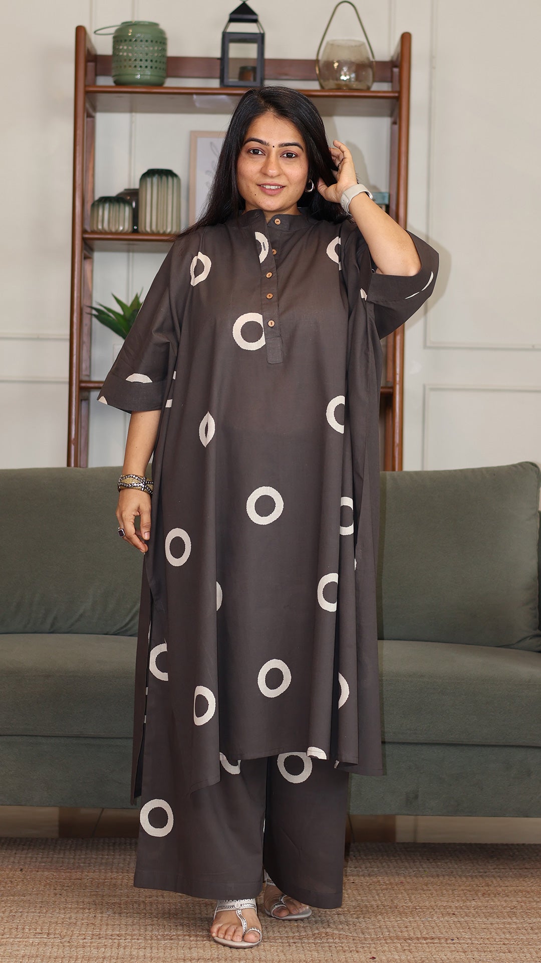 Grey - White Circles Hand Block Cotton Kaftan Co-ord