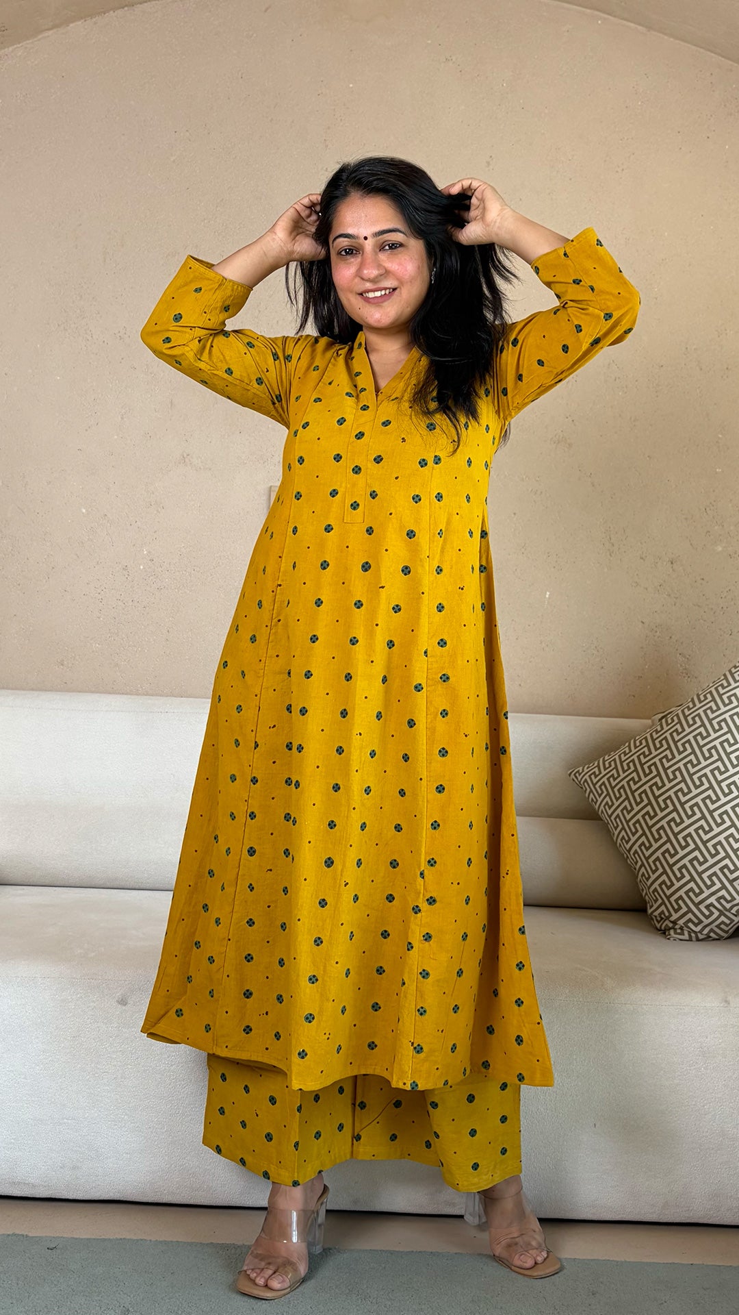 Aditi Ajrakh Kali Kurta In Cotton - Yellow