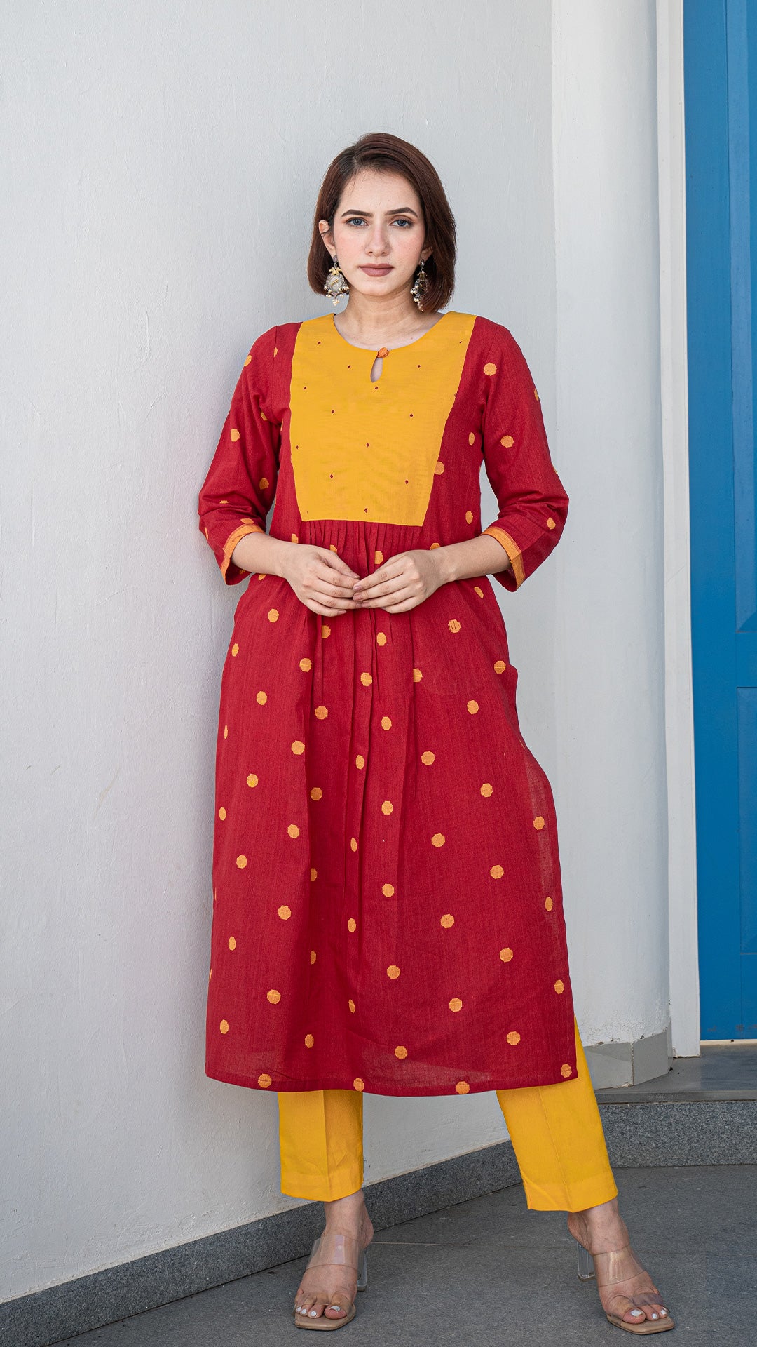 Natasha Hand Woven Cotton Kurta - Red