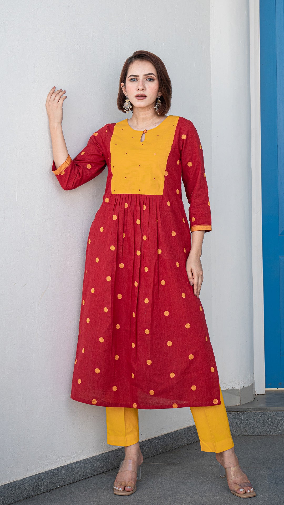 Natasha Hand Woven Cotton Kurta - Red