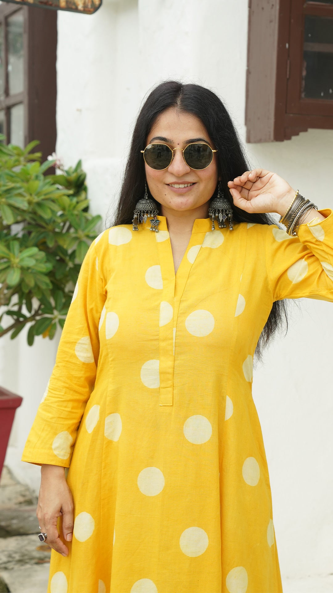 Yellow Polka Dots Kali Kurta In Cotton