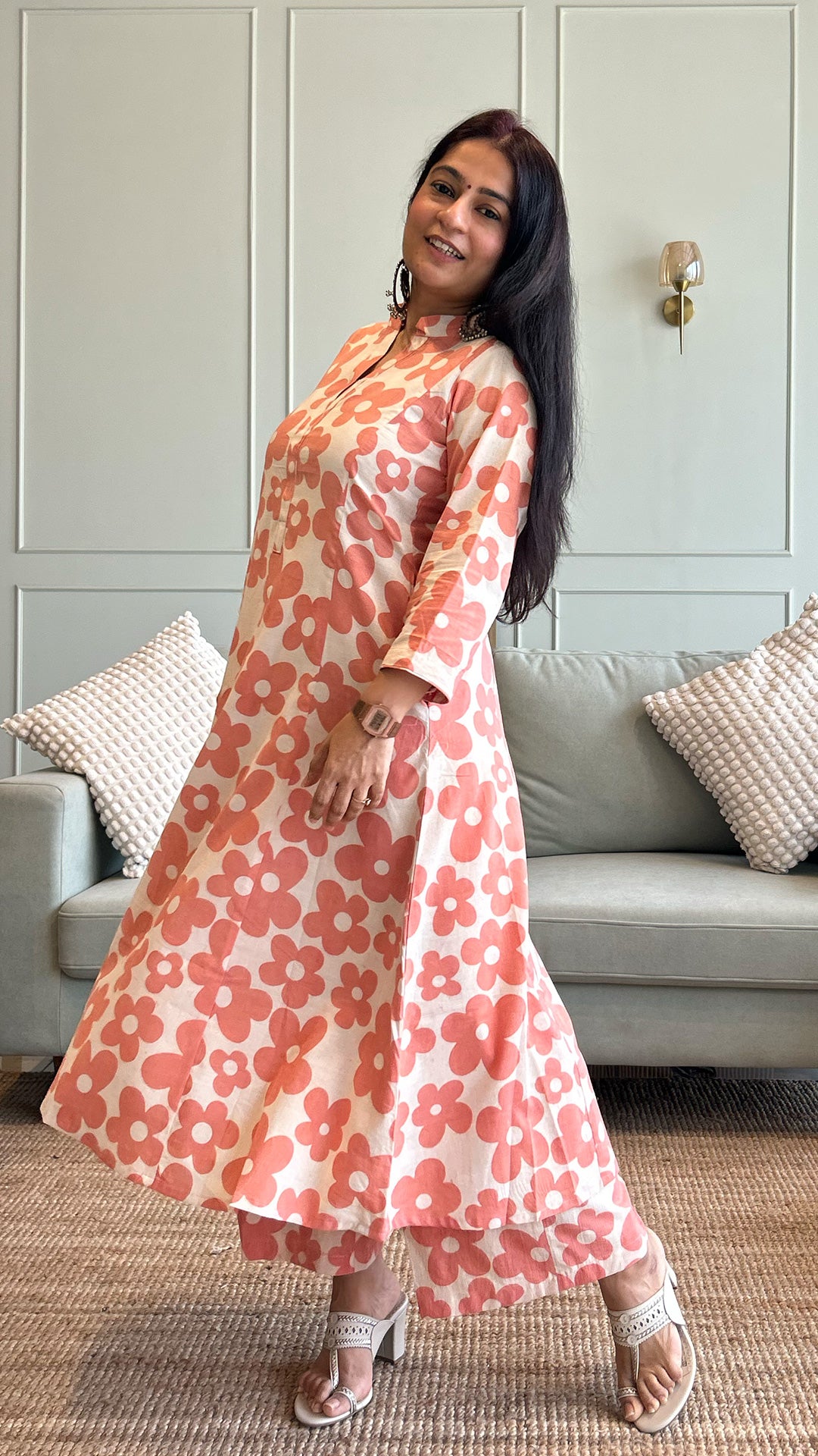 Kriva - Pink Floral Kali Kurta In Cotton