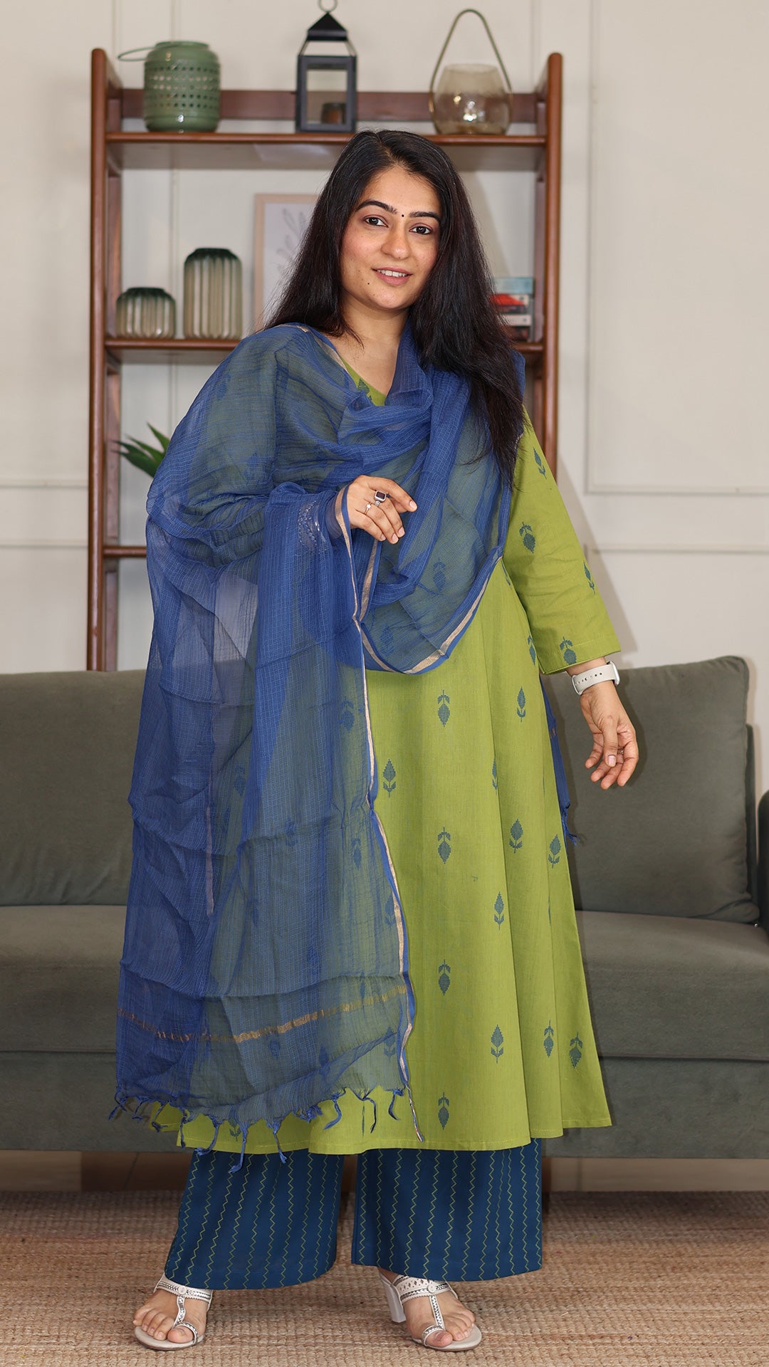Vaani Handwoven Cotton Kurta - Green/Blue