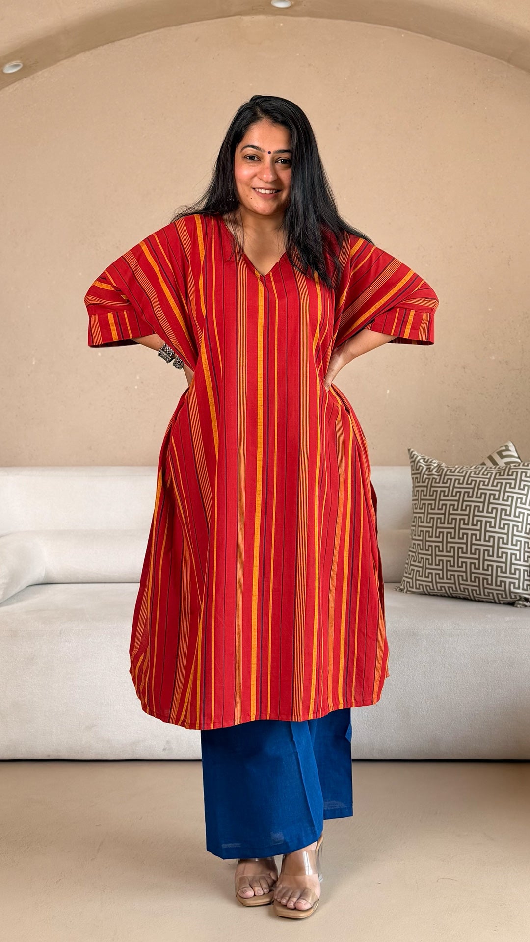 Rucha Stripes Kaftan Co-ord In Handwoven Cotton - Red