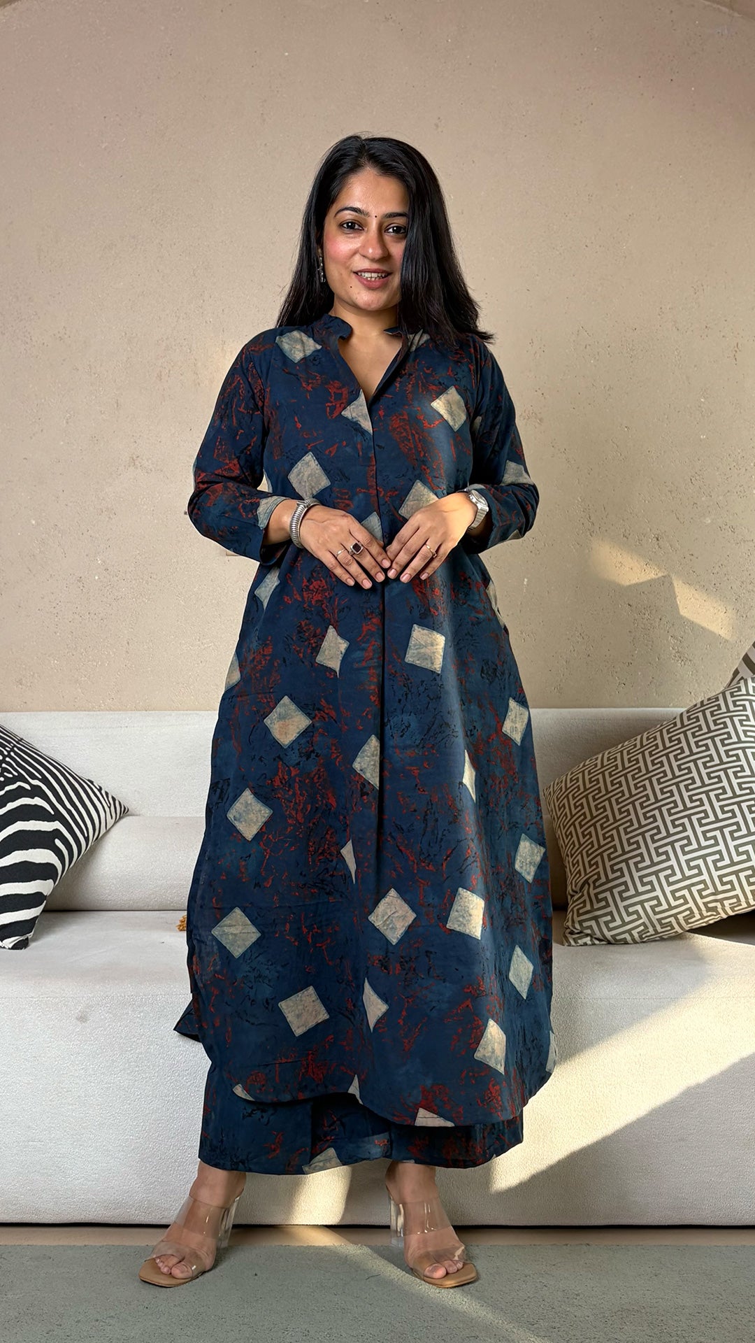 Nida Ajrakh Kali Kurta In Cotton - Indigo