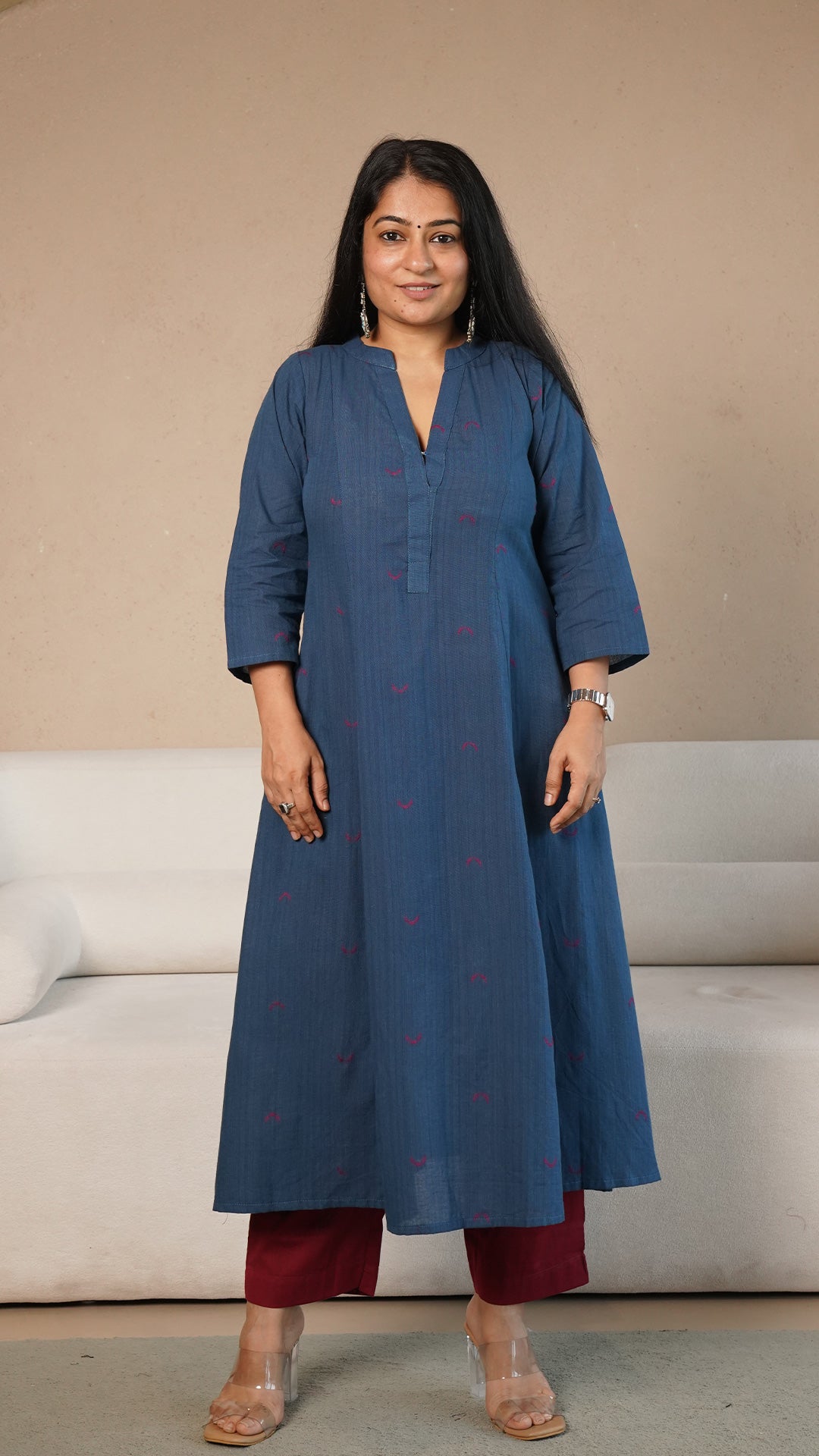 Mirah Chand Motif Hand Woven Kali Cotton Kurta - Blue