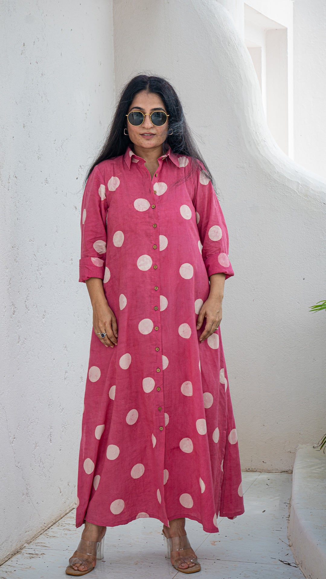 Pink Polka Cotton Shirt Dress With Slit