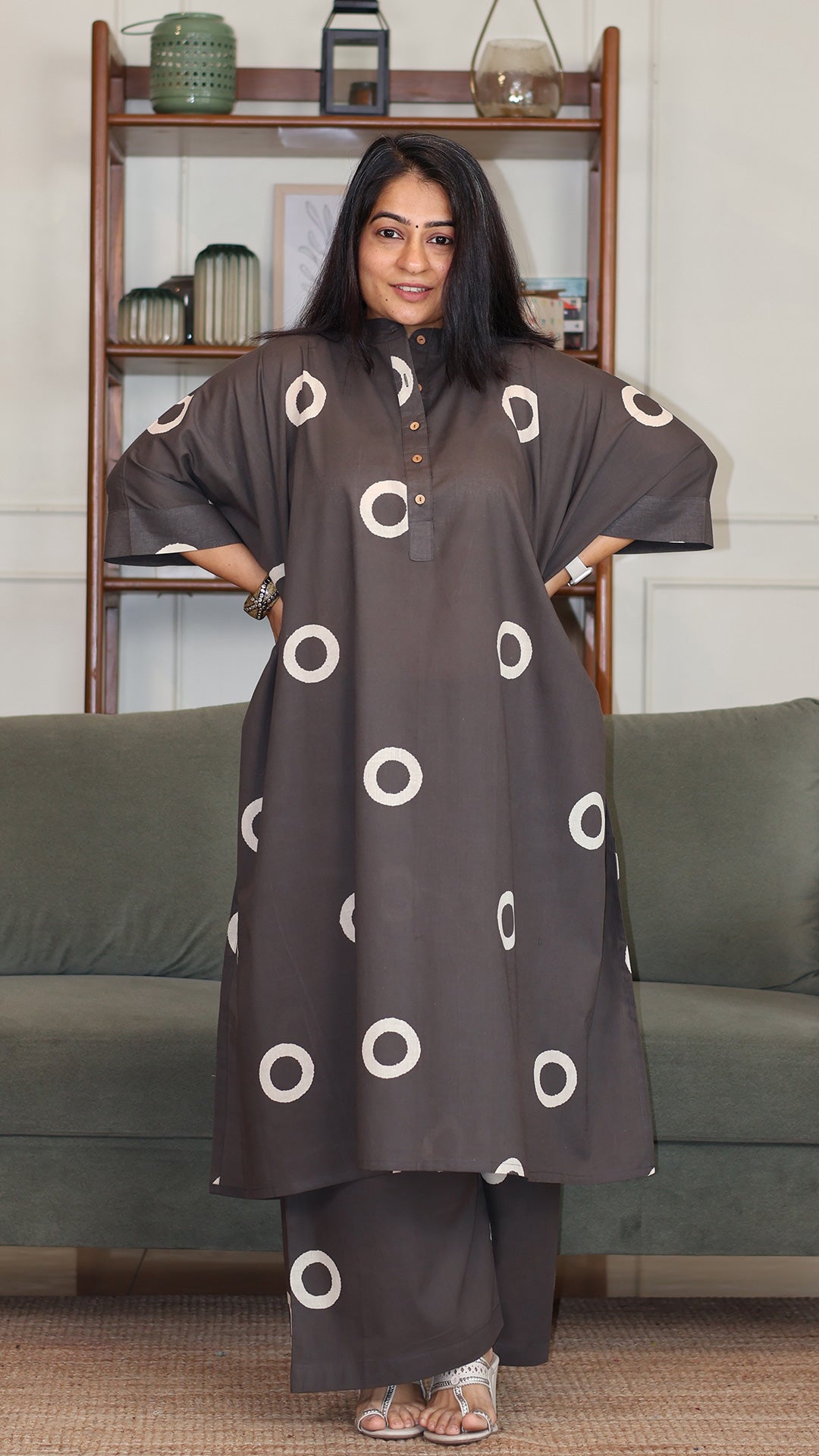 Grey - White Circles Hand Block Cotton Kaftan Co-ord