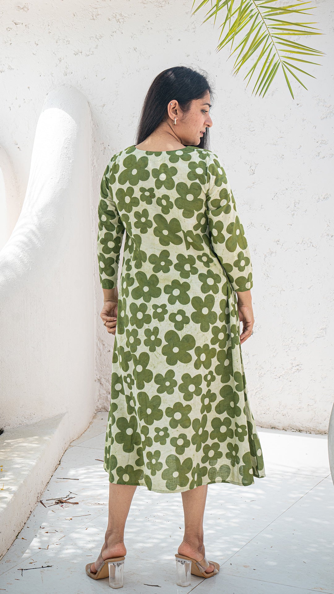 Roza Floral Hand Block Cotton Dress - Green