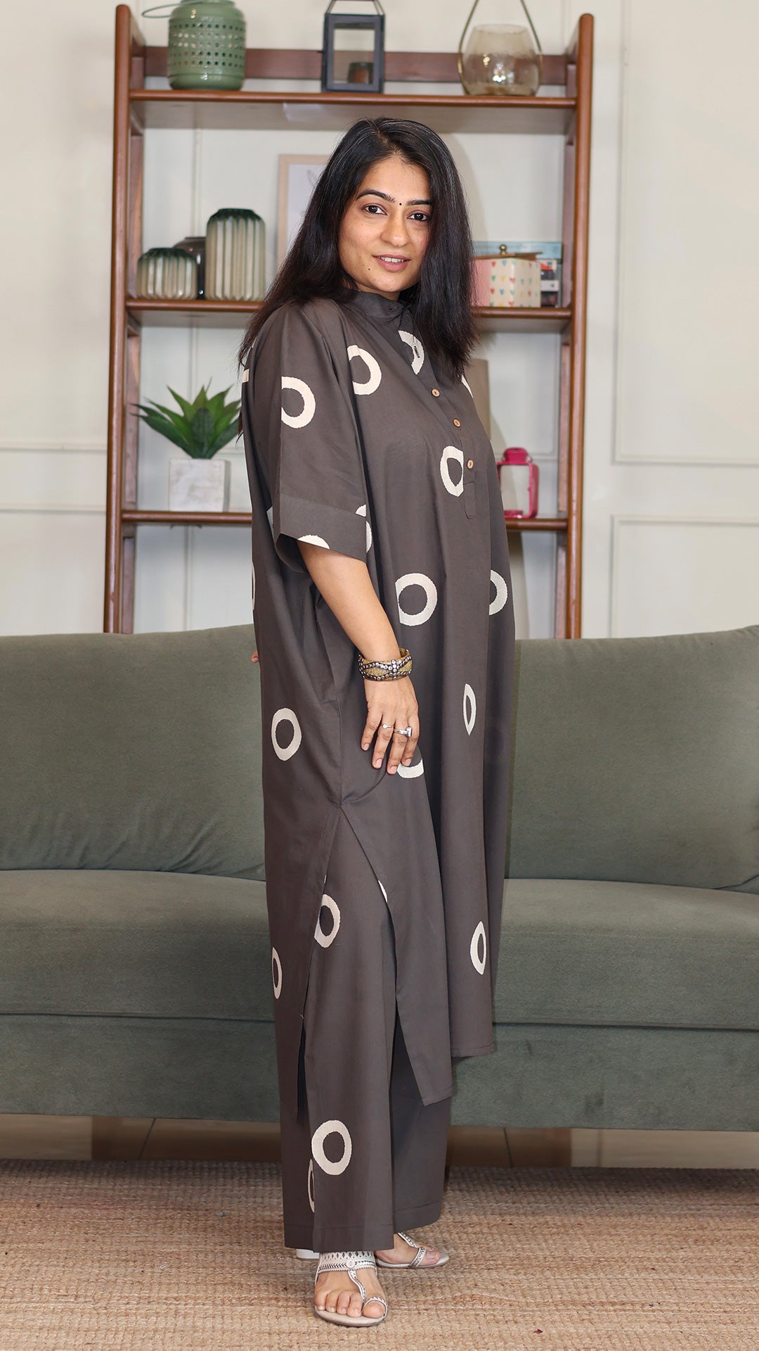 Grey - White Circles Hand Block Cotton Kaftan Co-ord